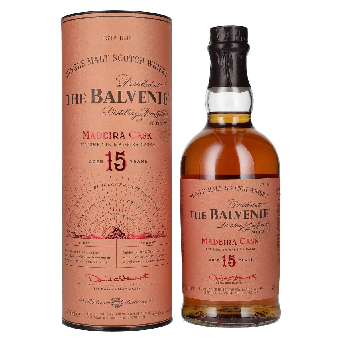 Balvenie 15 ans d'âge, finition en fût de Madère, 43 % vol., 0,7 l, dans un coffret cadeau