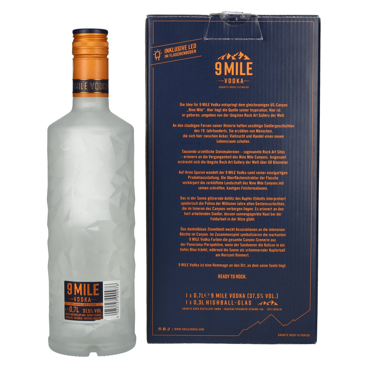 9 Mile Vodka 37,5% vol. 0,7 l in geschenkverpakking met glas