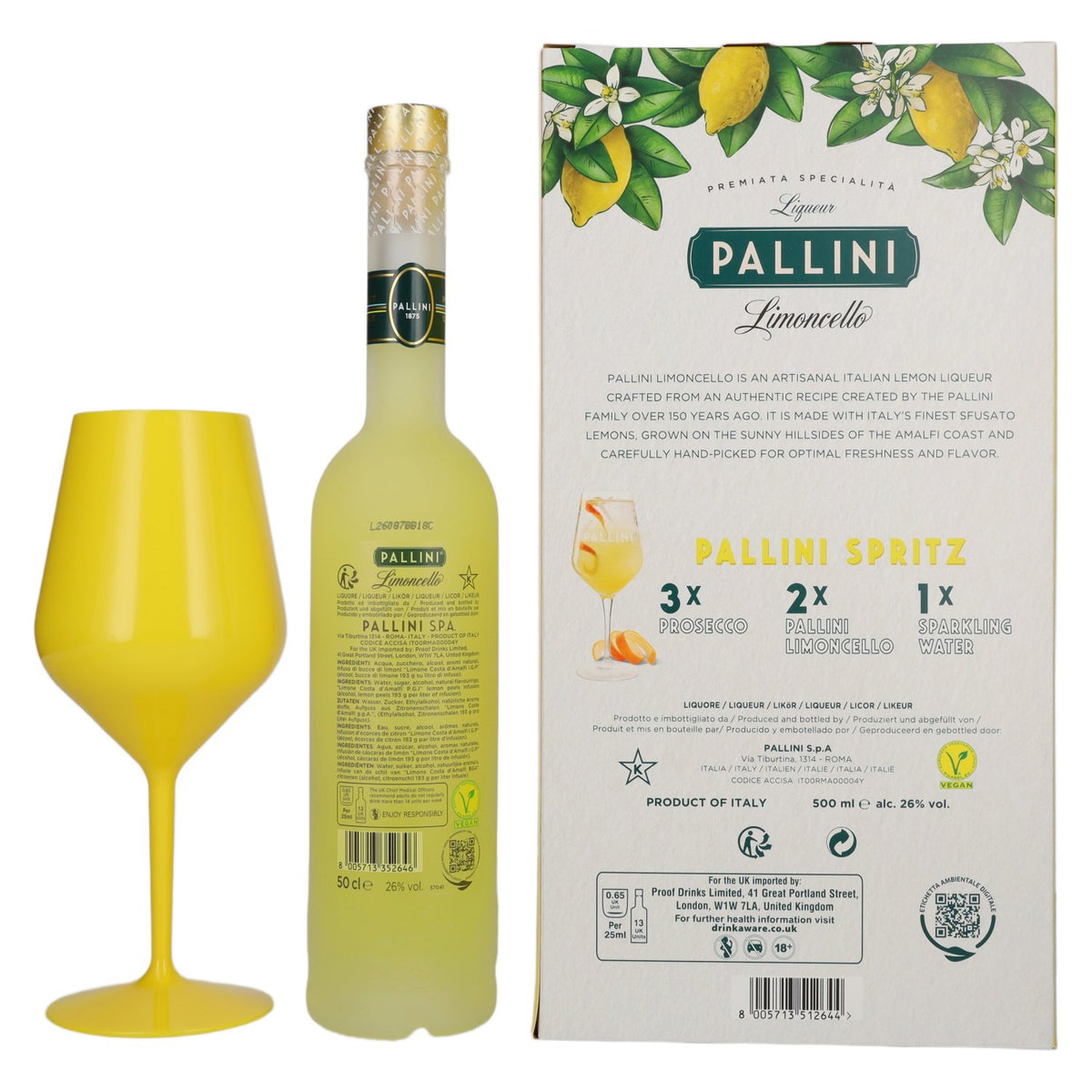 Pallini Limoncello Liqueur 26% ABV, 0.5 l, in a gift box with a glass