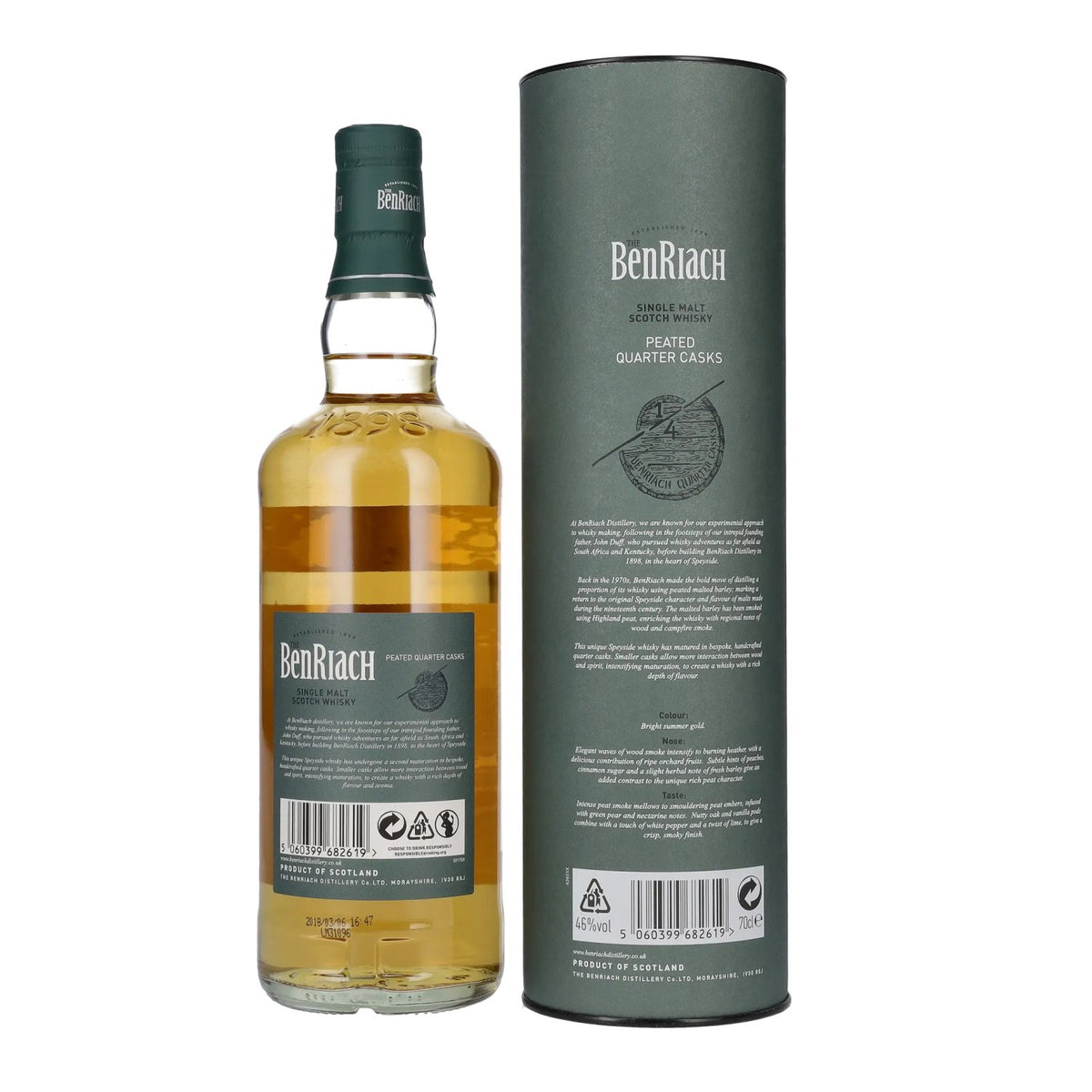 The Benriach PEATED QUARTER CASKS Single Malt Scotch Whisky 46% ABV, 0.7l, in a gift box