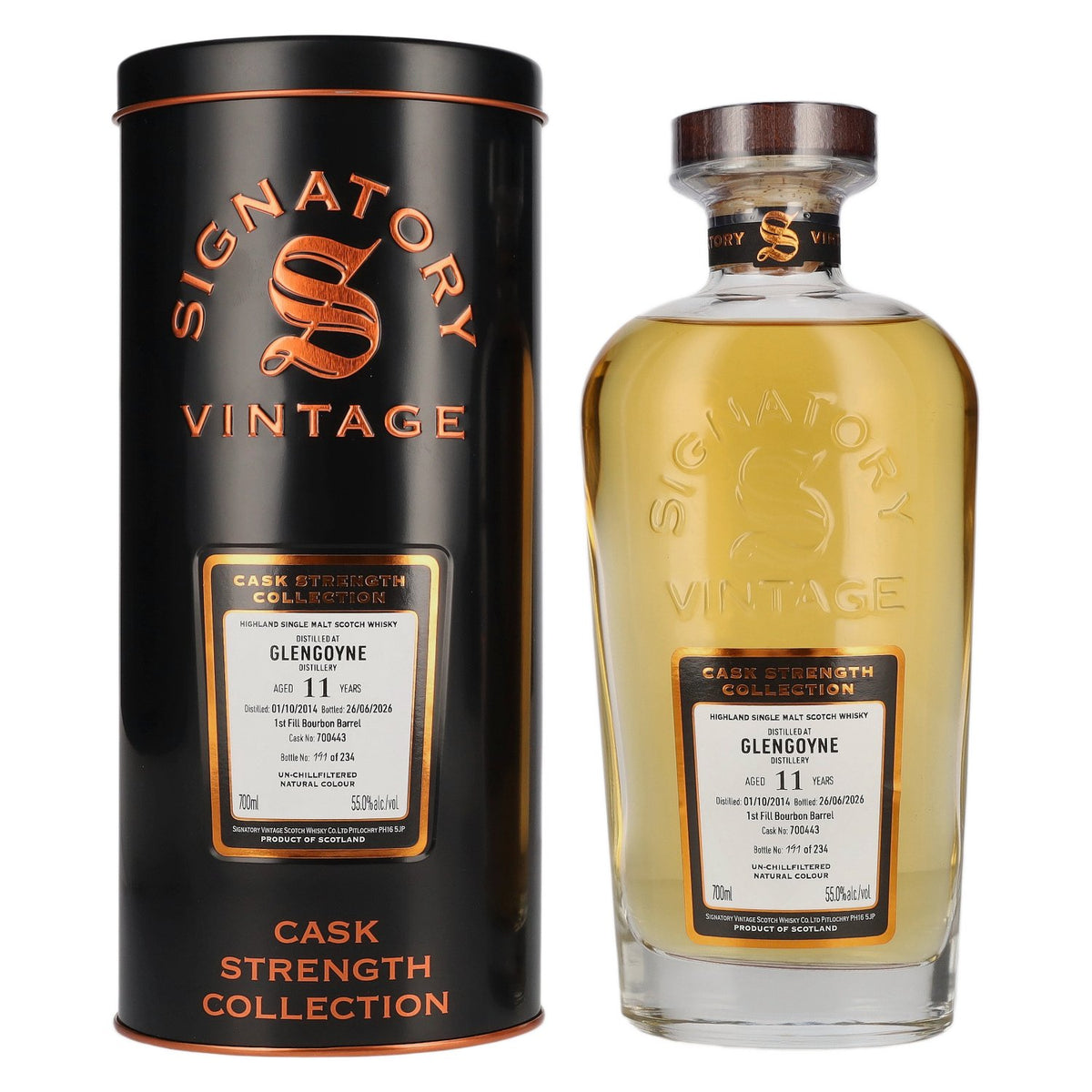 Signatory Vintage Glengoyne 11 ans d'âge, fût de bourbon de premier remplissage, brut de fût n° 700443, 2014, 55 % vol., 0,7 l dans une boîte en fer-blanc