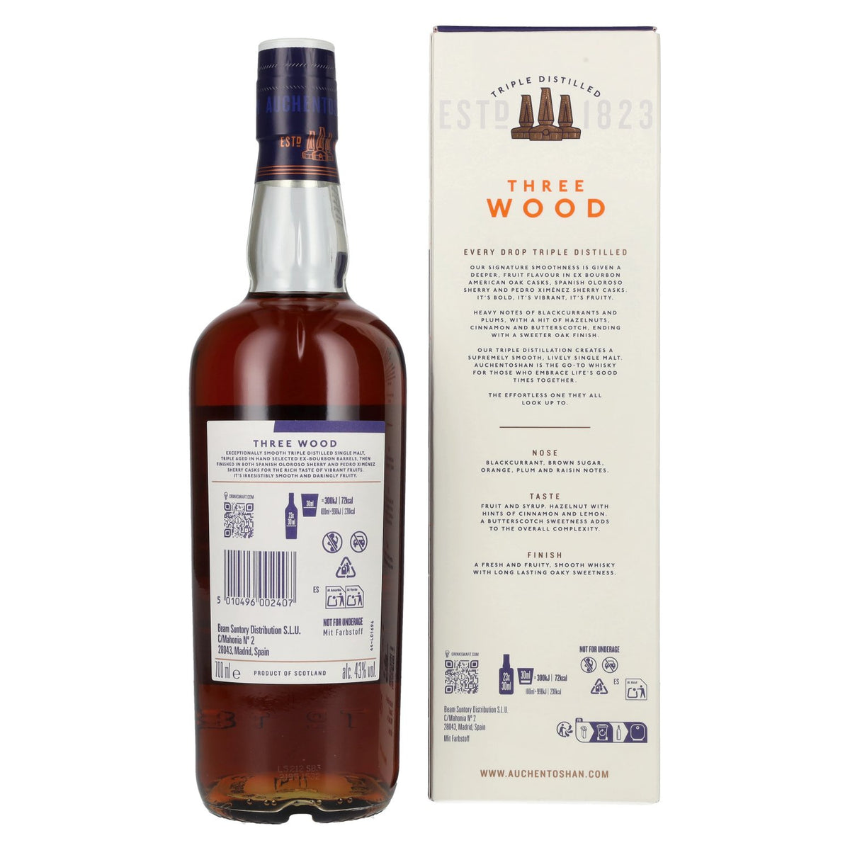 Auchentoshan THREE WOOD Single Malt Scotch Whisky 43% ABV, 0.7 litres, in a gift box