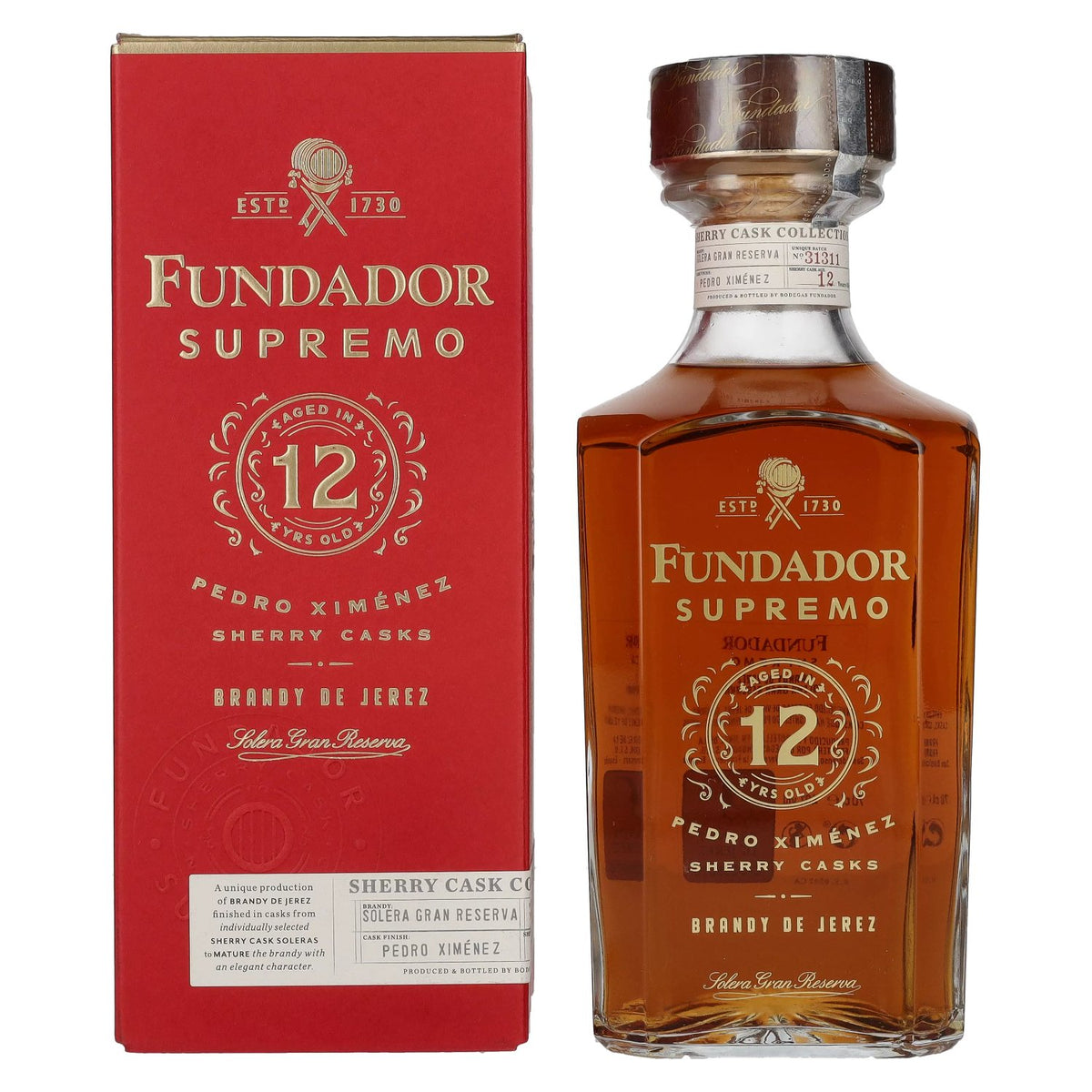 Fundador Supremo 12 ans d'âge, vieilli en fûts de sherry, Brandy de Jerez 40 % vol., 0,7 l, dans un coffret cadeau