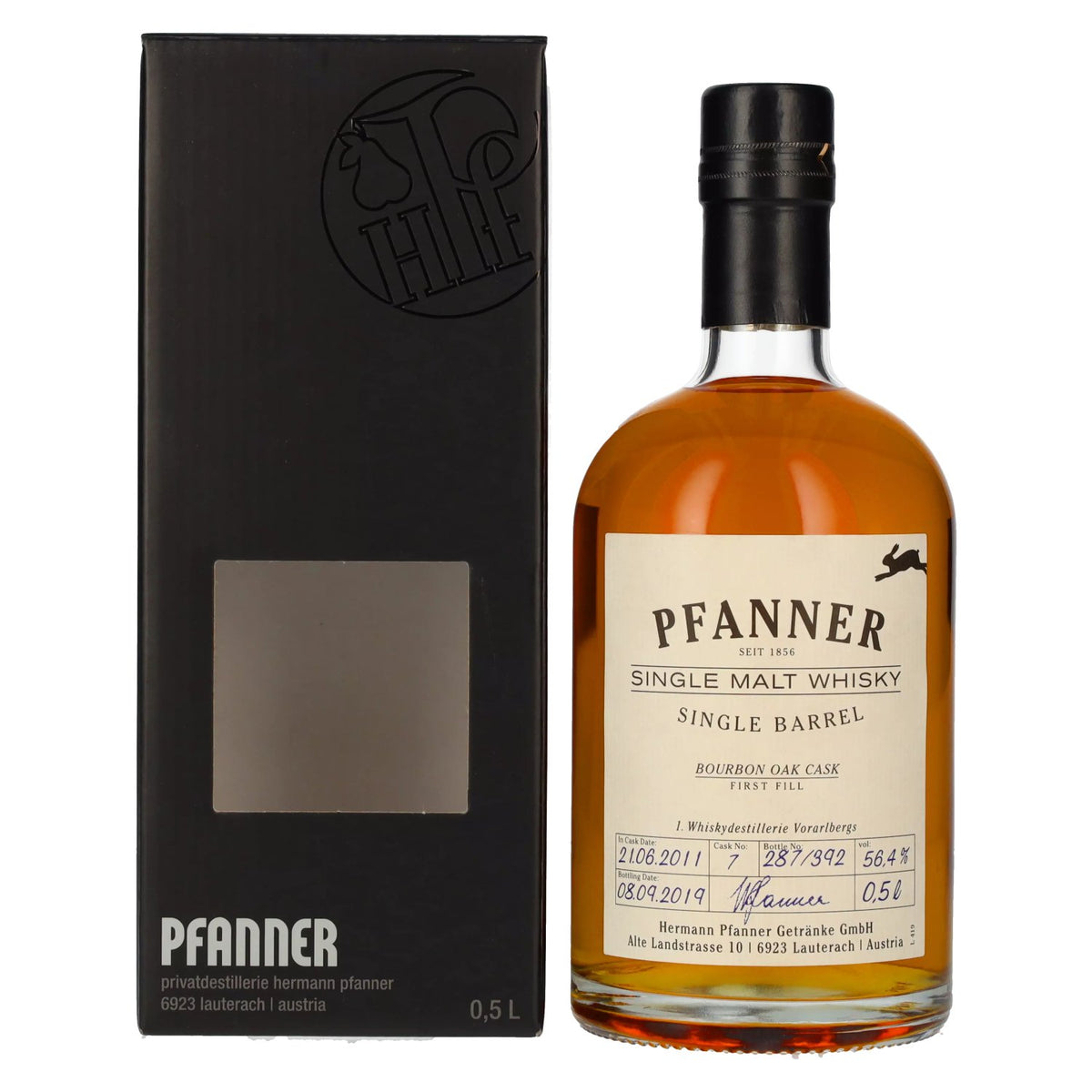 Pfanner Single Barrel First Fill Bourbon Oak Cask Single Malt Whisky 56,4% vol. 0,5 l in geschenkverpakking