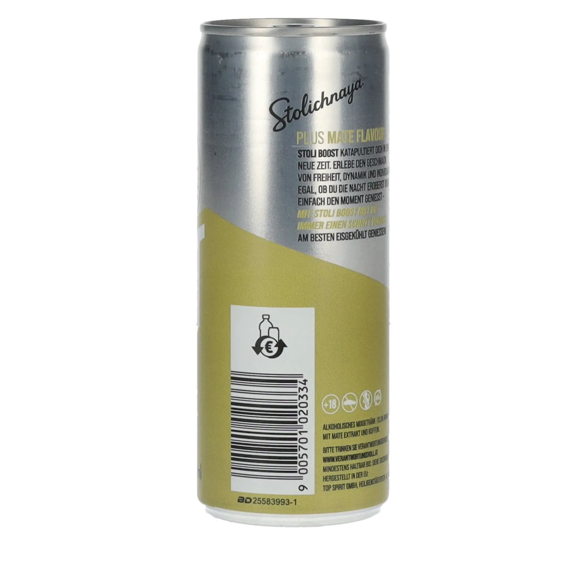 Stolichnaya Boost Plus, saveur MATE, 5 % vol., canette de 0,25 l, consigne