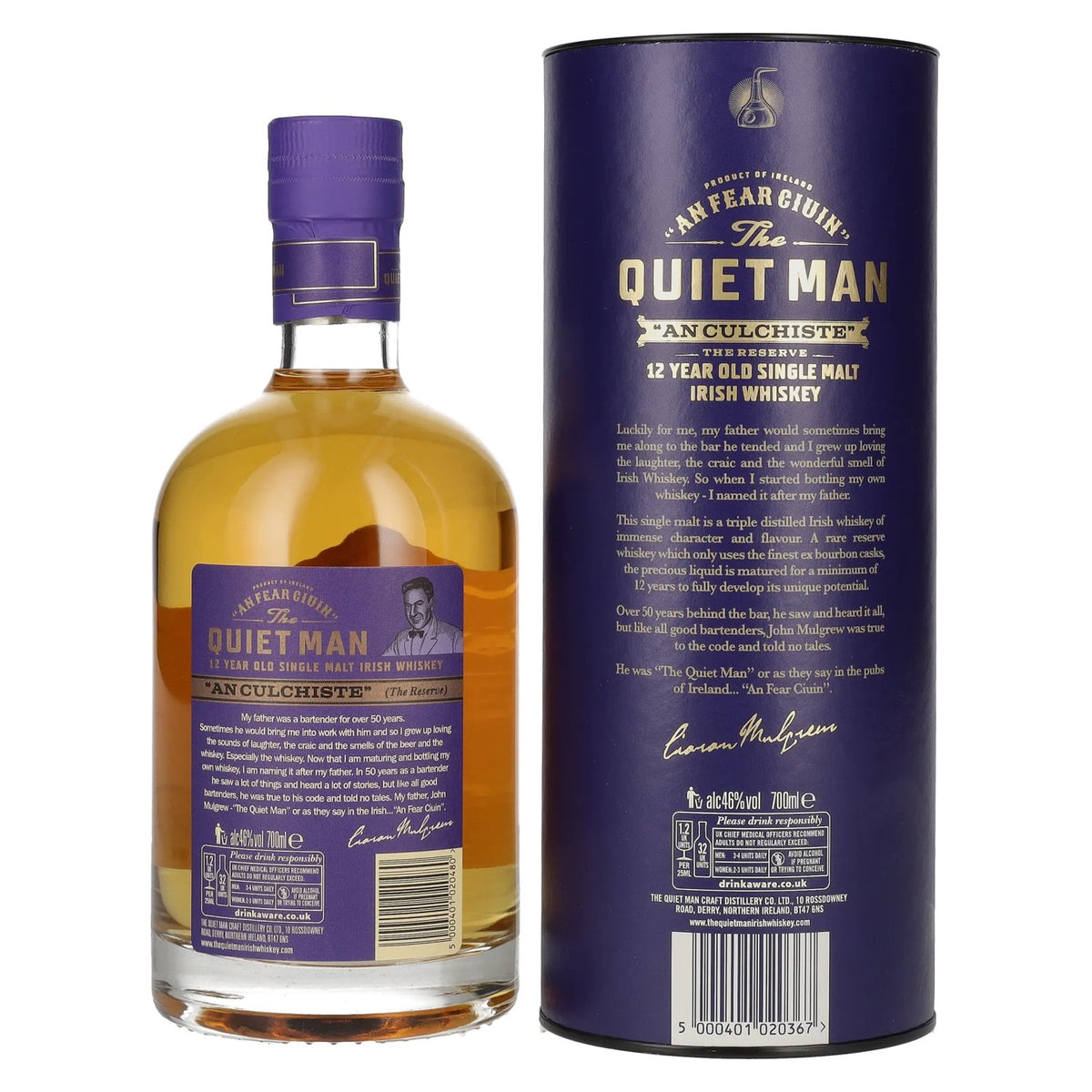 The Quiet Man Irish Whiskey AN CULCHISTE, whisky irlandais single malt de 12 ans d'âge, 46 % vol., 0,7 l, dans un coffret cadeau