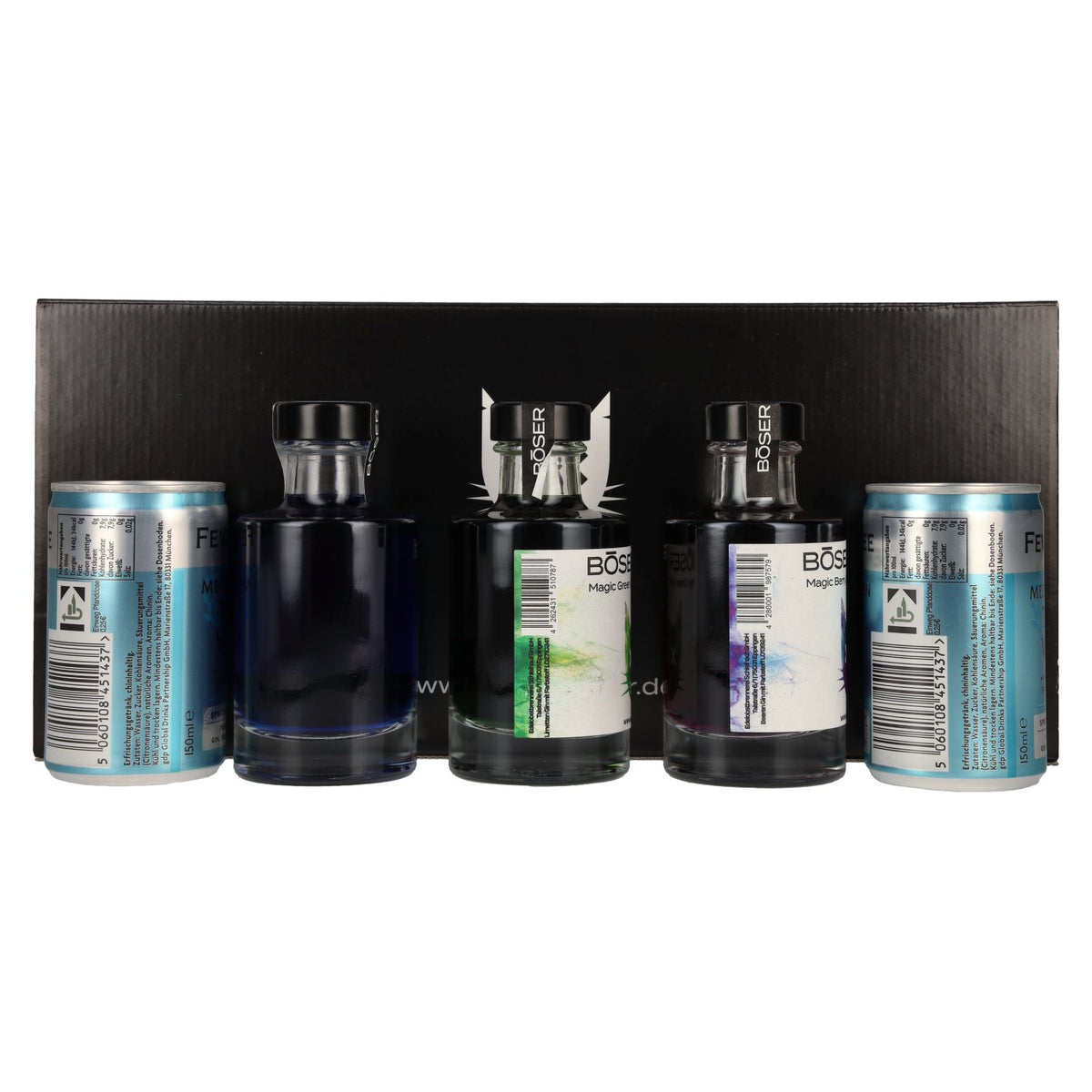 Böser Kater Colour-Changing Gin Tasting Set 40% vol. 3 x 0.1 l in a gift box with 2 tins of Fever-Tree Mediterranean Tonic Water