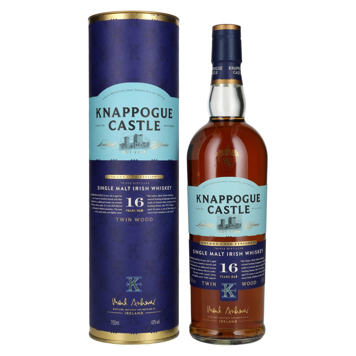 Knappogue Castle 16 Years Old TWIN WOOD SHERRY CASK FINISHED 43% vol. 0,7 l in geschenkverpakking