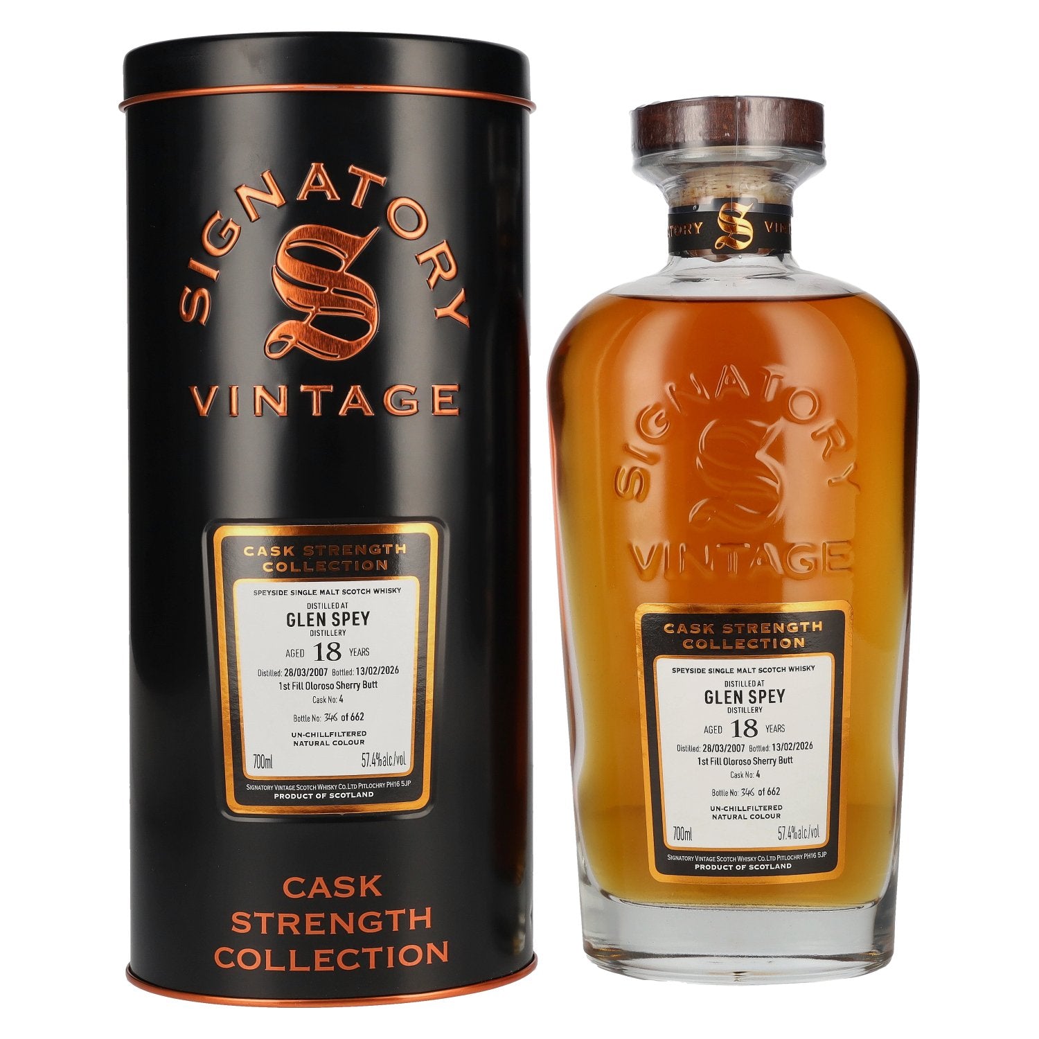 Signatory Vintage Glen Spey 18 ans d'âge, premier remplissage en fût d'Oloroso, brut de fût n° 4, 2007, 57,4 % vol., 0,7 l dans une boîte en fer-blanc