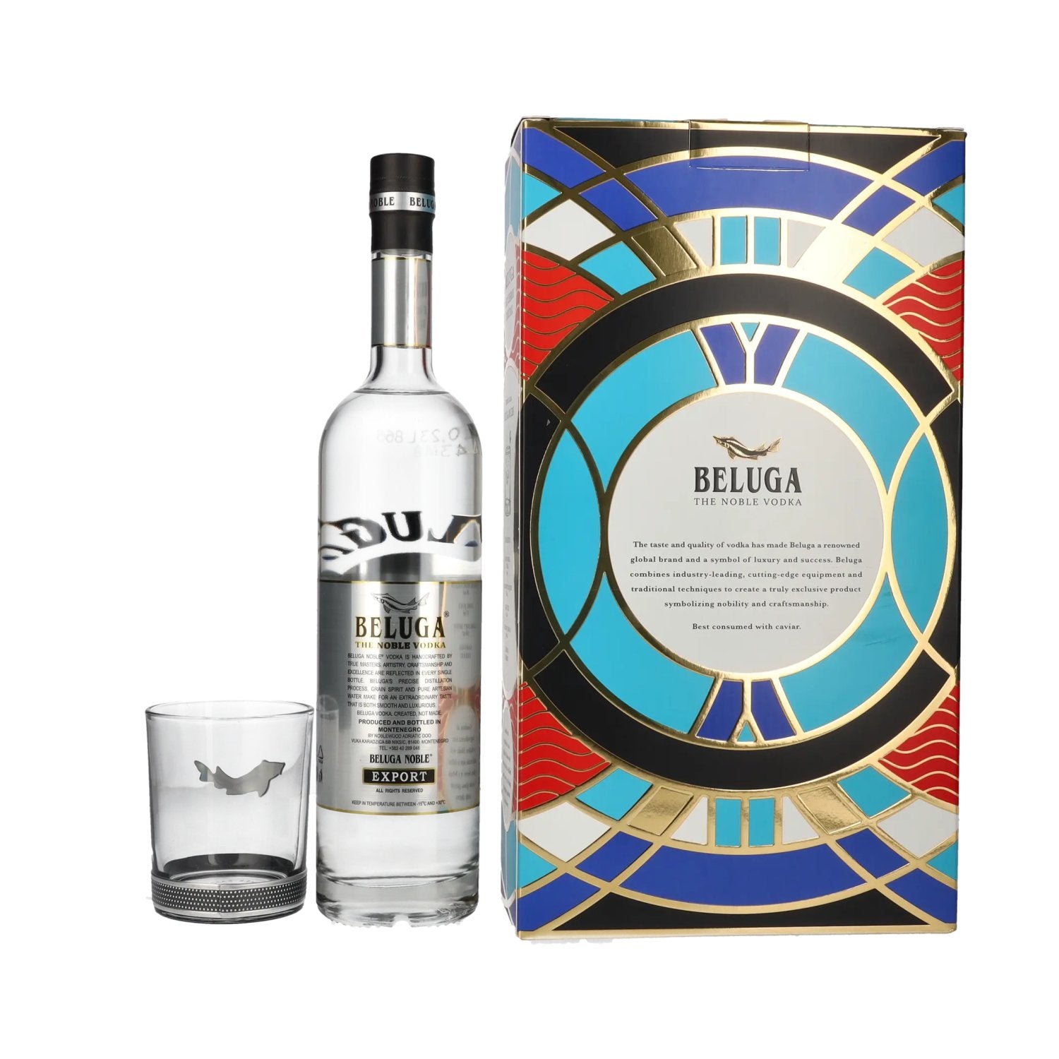 Beluga Noble Vodka EXPORT Montenegro 40% vol. 0,7l en boîte cadeau avec verre