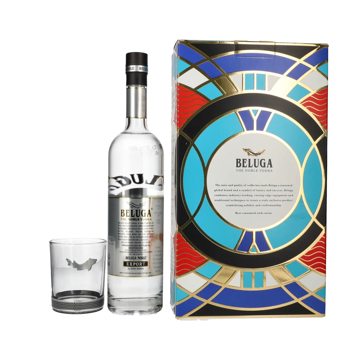 Beluga Noble Vodka EXPORT Montenegro 40% vol. 0,7l en boîte cadeau avec verre