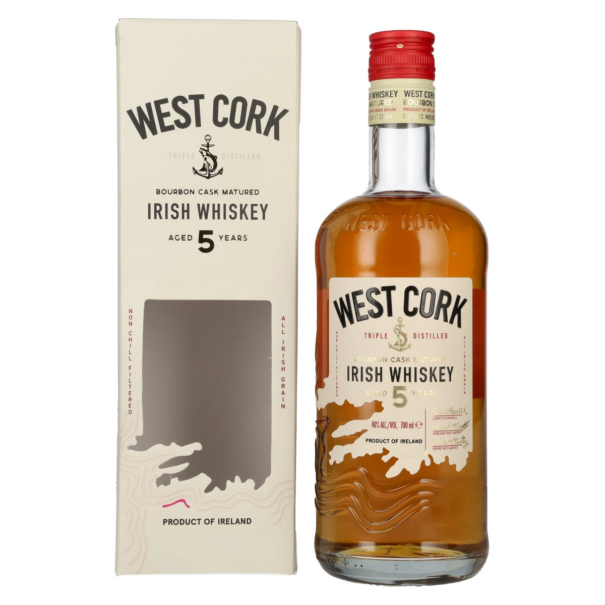 West Cork Irish Whiskey 5 ans d'âge, whisky irlandais vieilli en fûts de bourbon, 40 % vol., 0,7 l, dans un coffret cadeau
