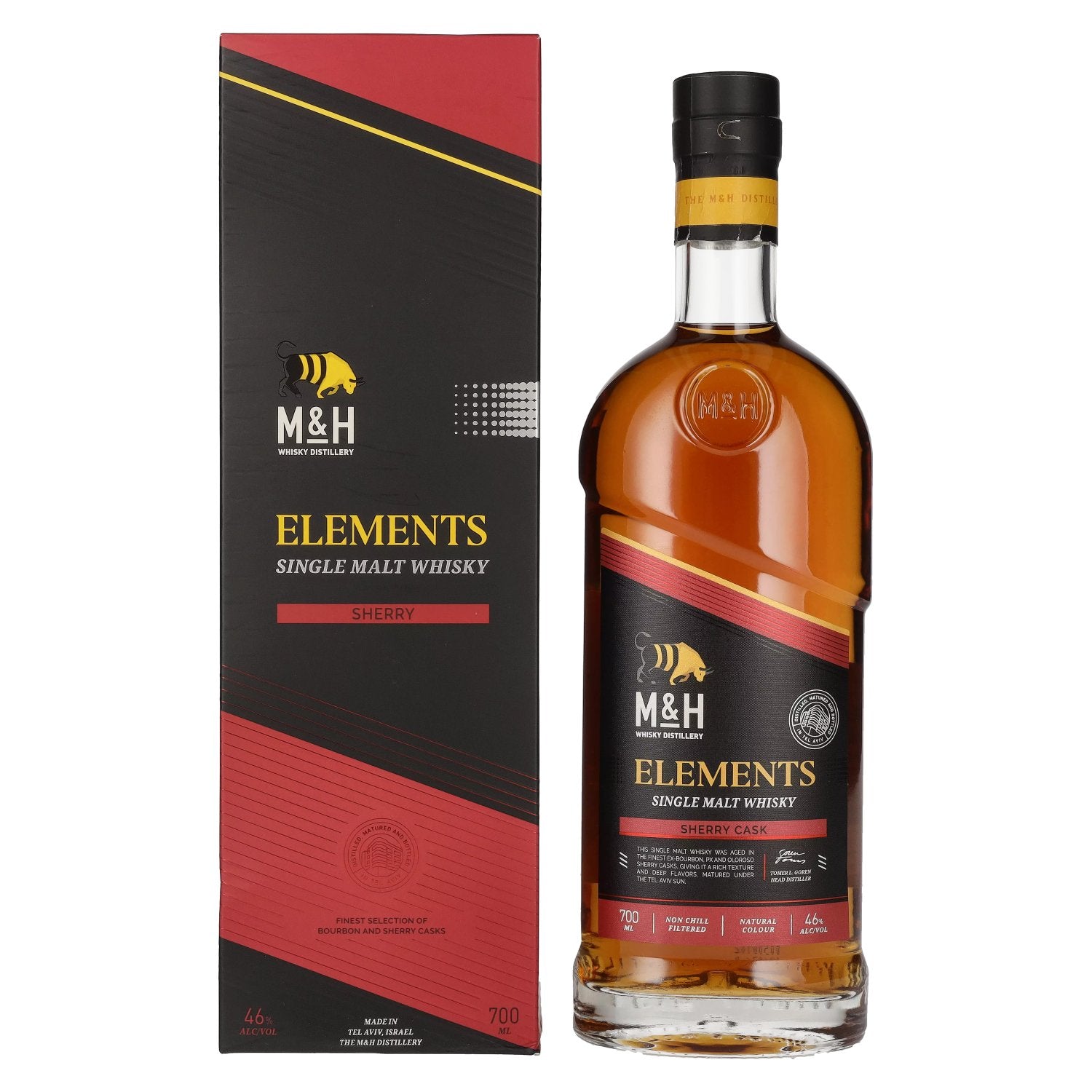M&amp;H Elements Whisky single malt vieilli en fût de sherry, 46 % vol., 0,7 l, dans un coffret cadeau