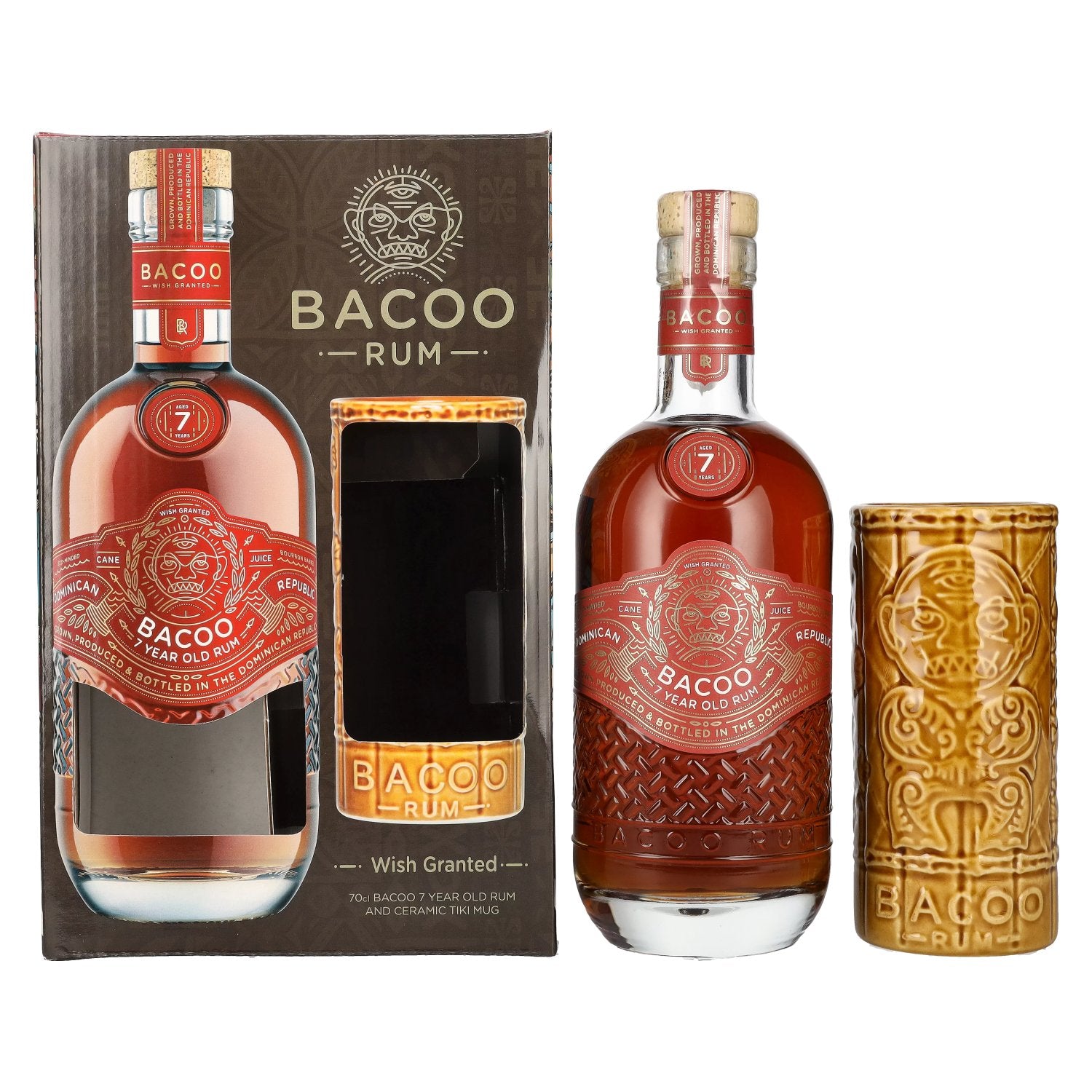 Bacoo 7 Jaar Oude Rum 40% Vol. 0,7l in geschenkverpakking met Tiki mok