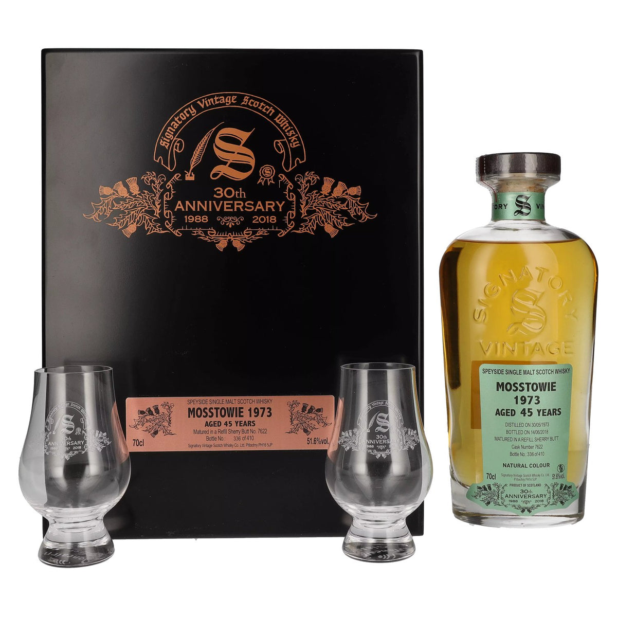 Signatory Vintage MOSSTOWIE 45 Years Old 30th ANNIVERSARY 1973 51,6% Vol. 0,7l in Holzkiste mit 2 Gläsern