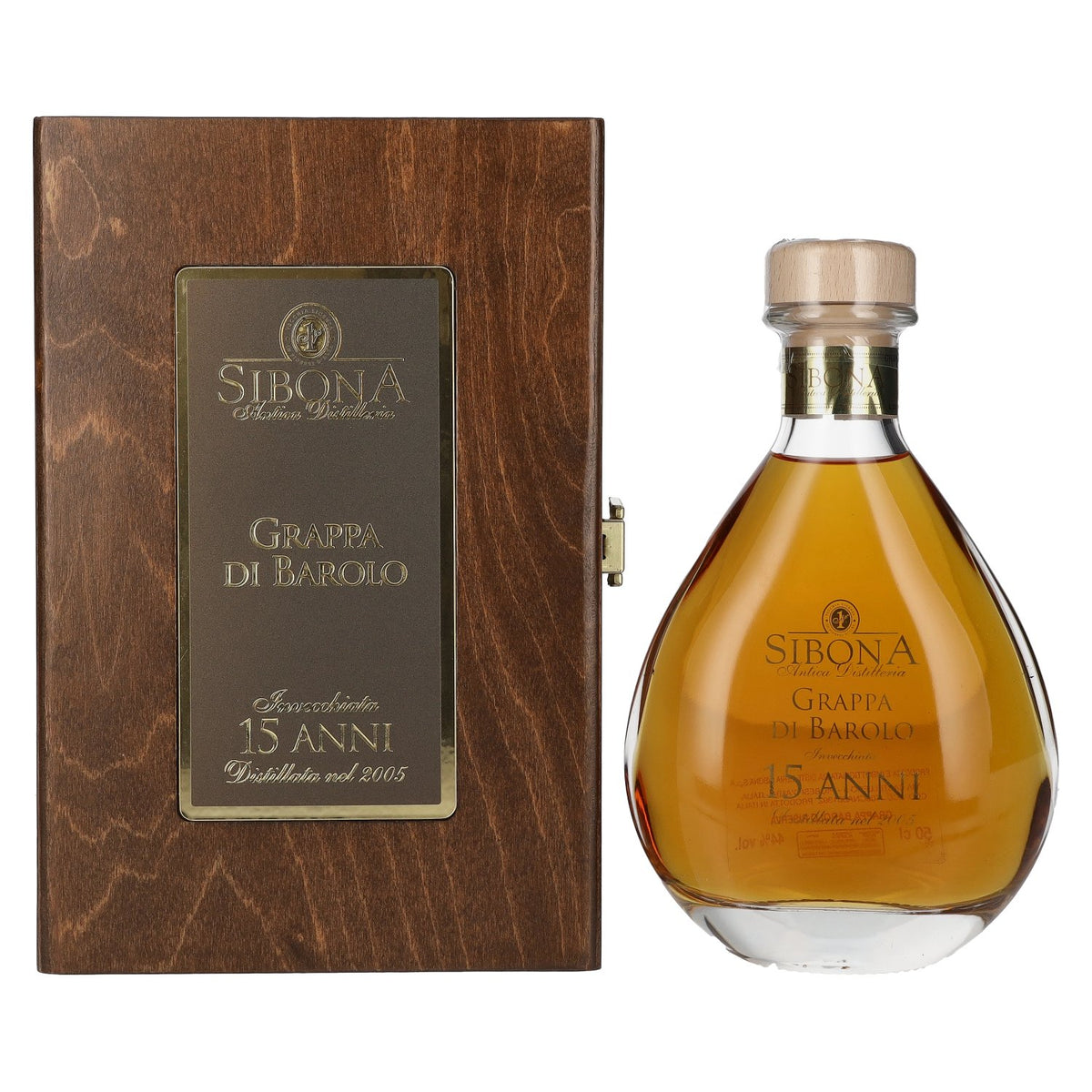 Sibona RISERVA SPECIALE Grappa di Barolo 15 ANNI 44% vol. 0.5 l in a wooden box