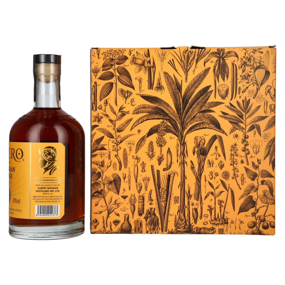 Ron Espero Caribbean Orange &amp; Rum Likeur 40% vol. 0,7 l in geschenkverpakking met 2 glazen