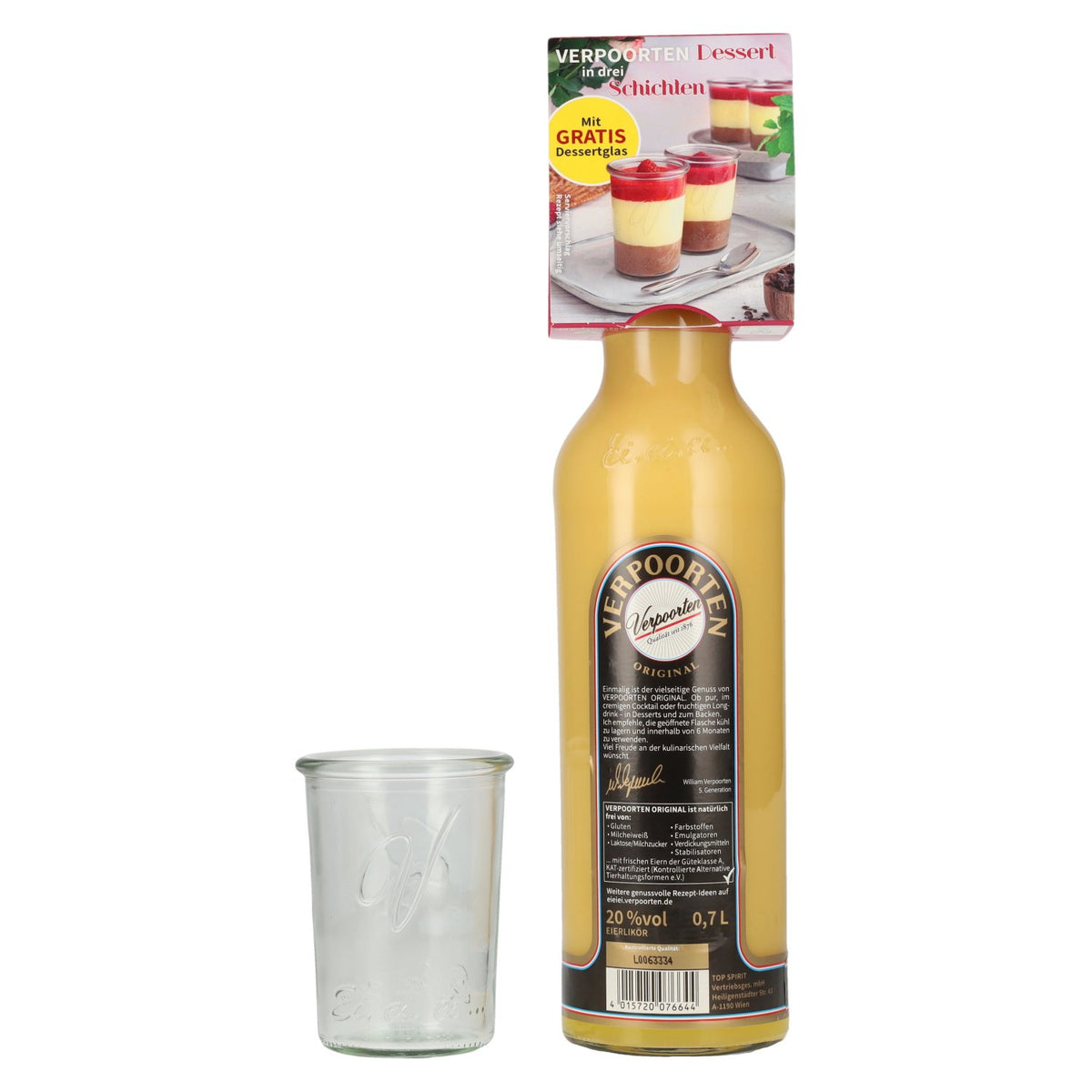 Verpoorten Original Egg Liqueur 20% ABV, 0.7 litres, with a dessert glass