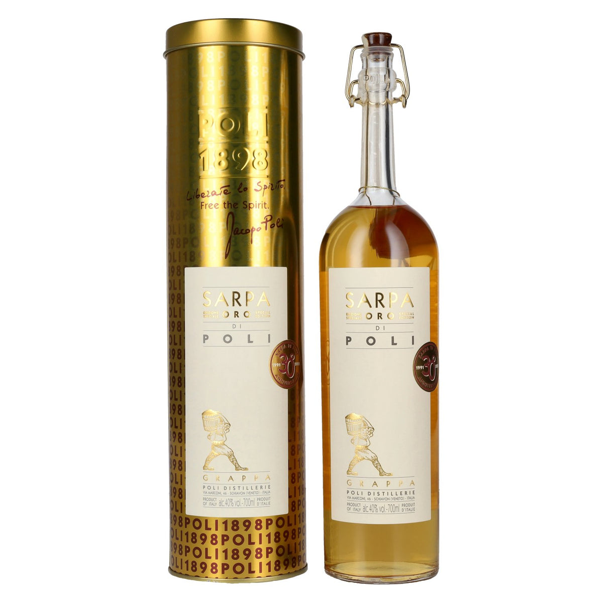 Poli Grappa Sarpa Oro di Poli 40 % vol., 0,7 l, dans une boîte métallique