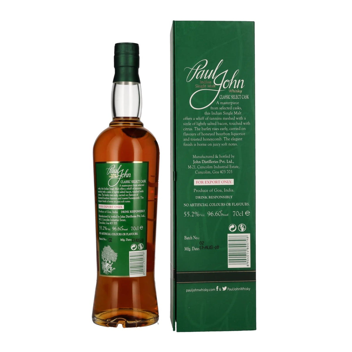 Paul John CLASSIC Select Cask Indian Single Malt Whisky 55,2% vol. 0,7 l in geschenkverpakking