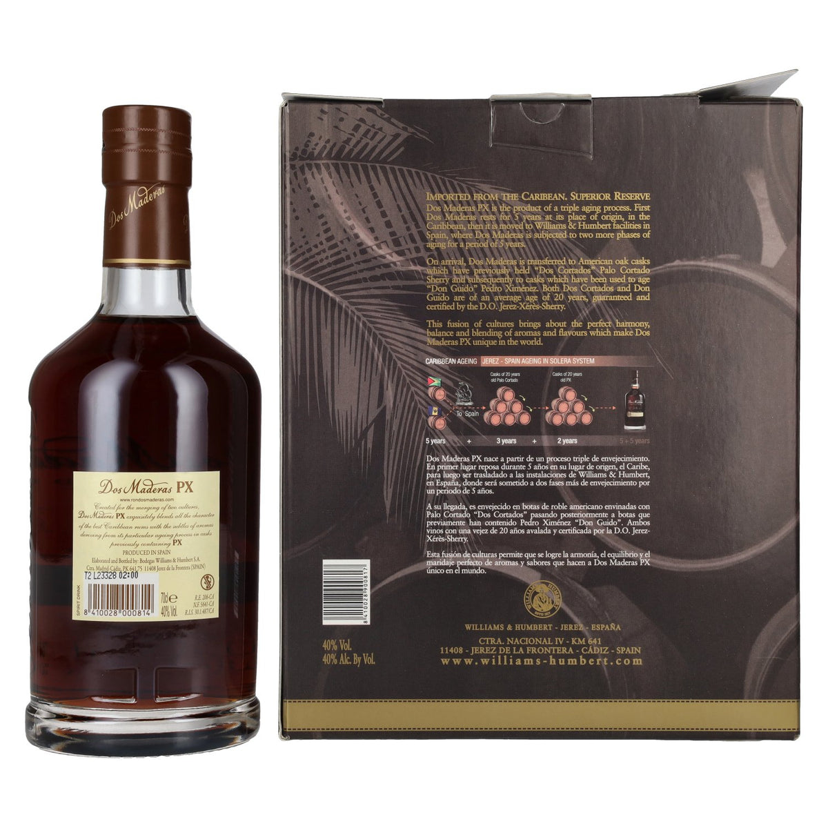 Dos Maderas PX 5+5 Years Old Triple Aged Spirit Drink 40% vol. 0,7 l in geschenkverpakking met 2 glazen