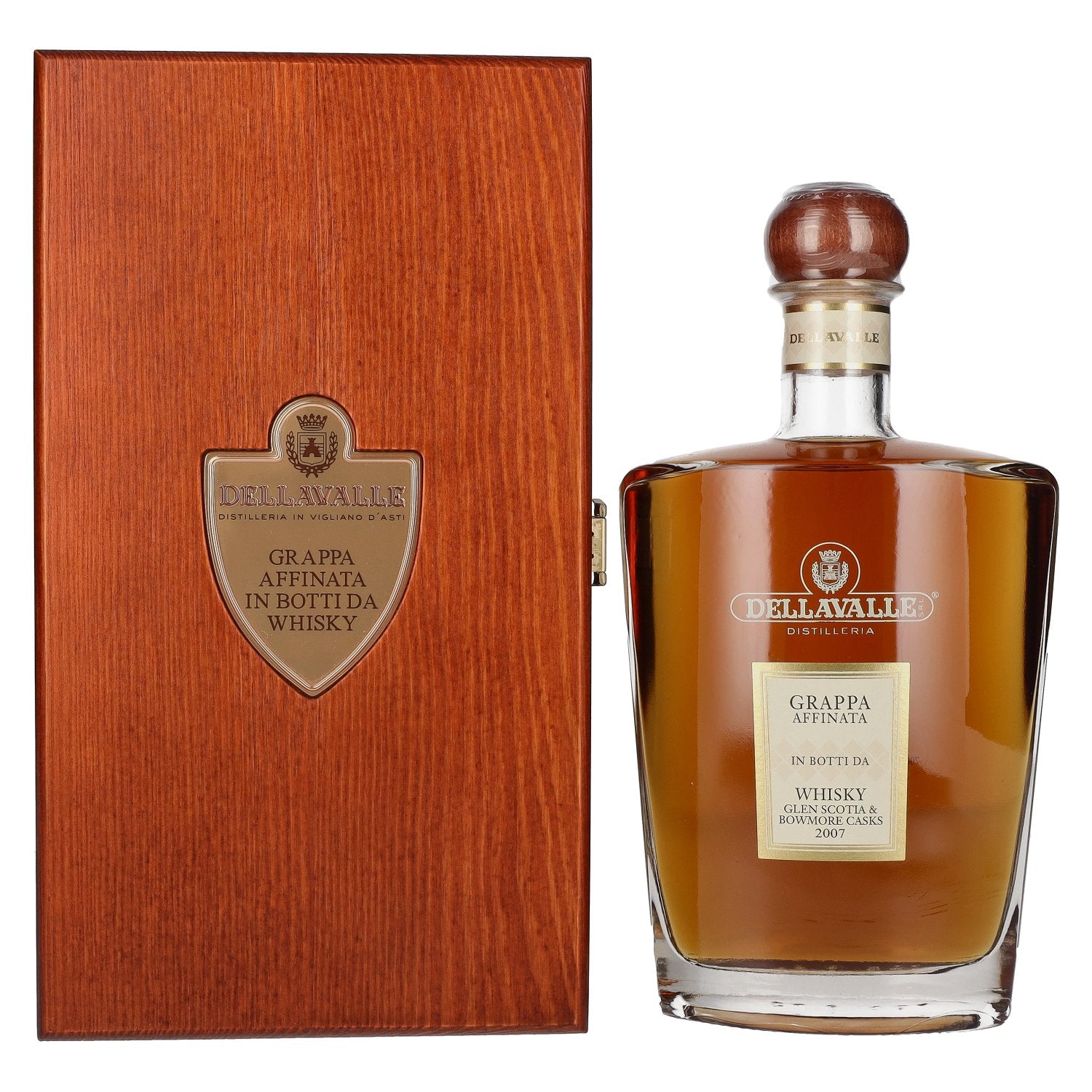 Dellavalle Grappa, gerijpt in whiskyvaten van Glen Scotia &amp; Bowmore Casks 2007, 42% vol., 0,7 l in houten kist