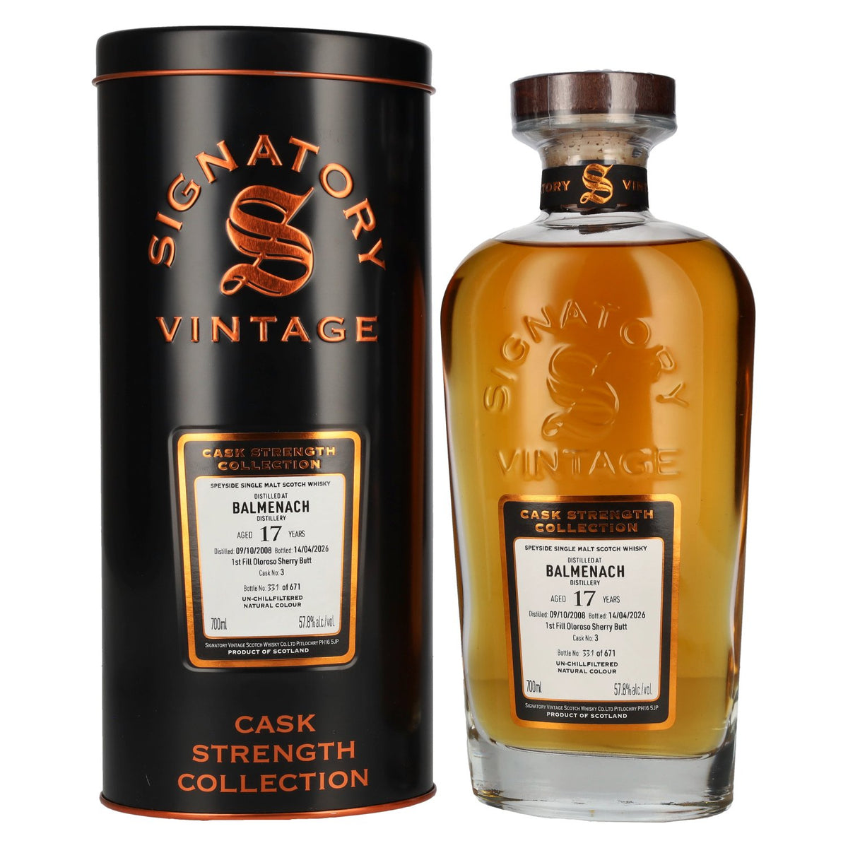 Signatory Vintage Balmenach 17 ans d'âge, premier remplissage en fût d'Oloroso, brut de fût n° 3, 2008, 57,8 % vol., 0,7 l