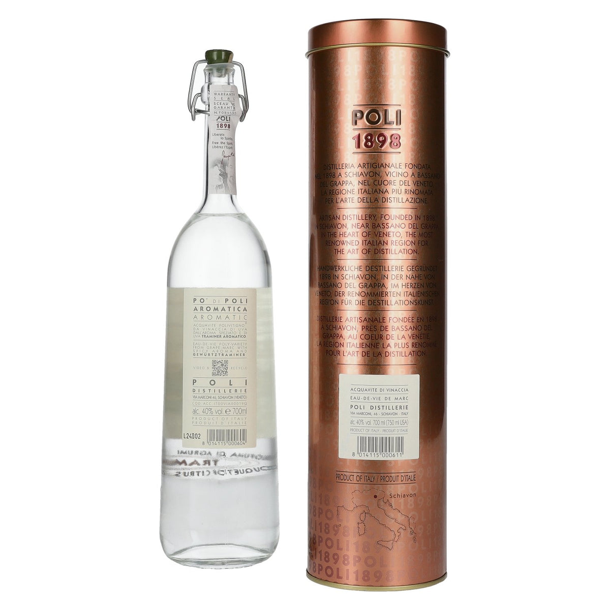 Poli Po' Di Poli Grappa Aromatica 40% vol., 0.7 l in a tin box