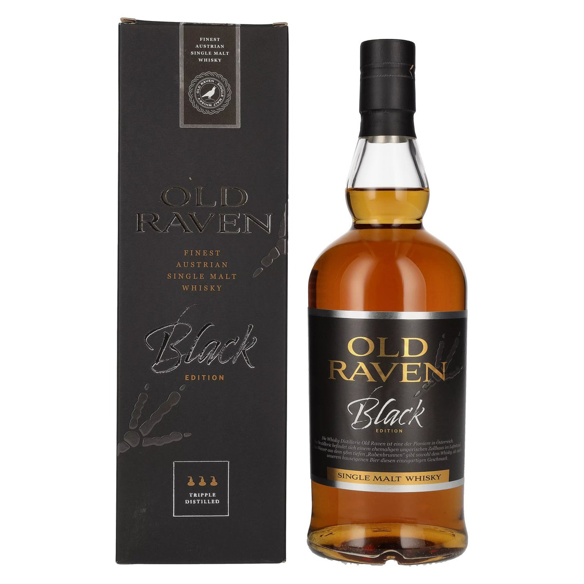 Old Raven Whisky single malt triple distillation, édition Black, titrage brut 54 % vol., 0,7 l, dans un coffret cadeau