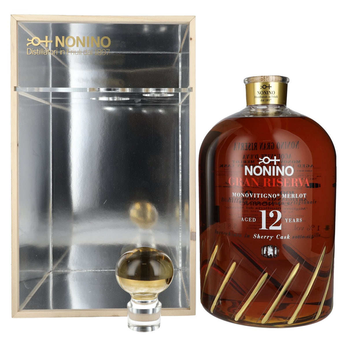Nonino Grappa 12 Years Monovitigno Merlot Gran Riserva Sherry Cask 41% vol. 5.8 litres in a wooden box with a dosing pump