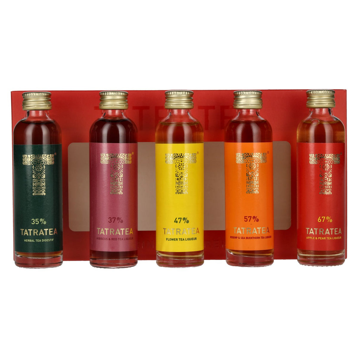 Coffret de dégustation Tatratea Rouge 48,6 % vol., 5 x 0,04 l, dans un coffret cadeau