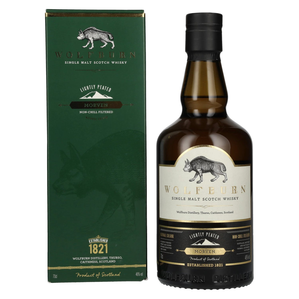 Wolfburn MORVEN Single Malt légèrement tourbé, 46 % vol., 0,7 l, dans un coffret cadeau