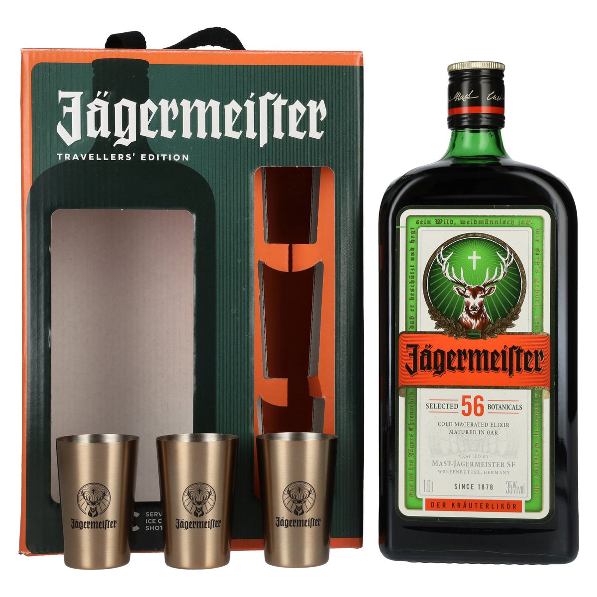 Jägermeister TRAVELLERS' EXCLUSIVE 35% Vol. 1l in Geschenkbox mit 3 Metal Shot Cups