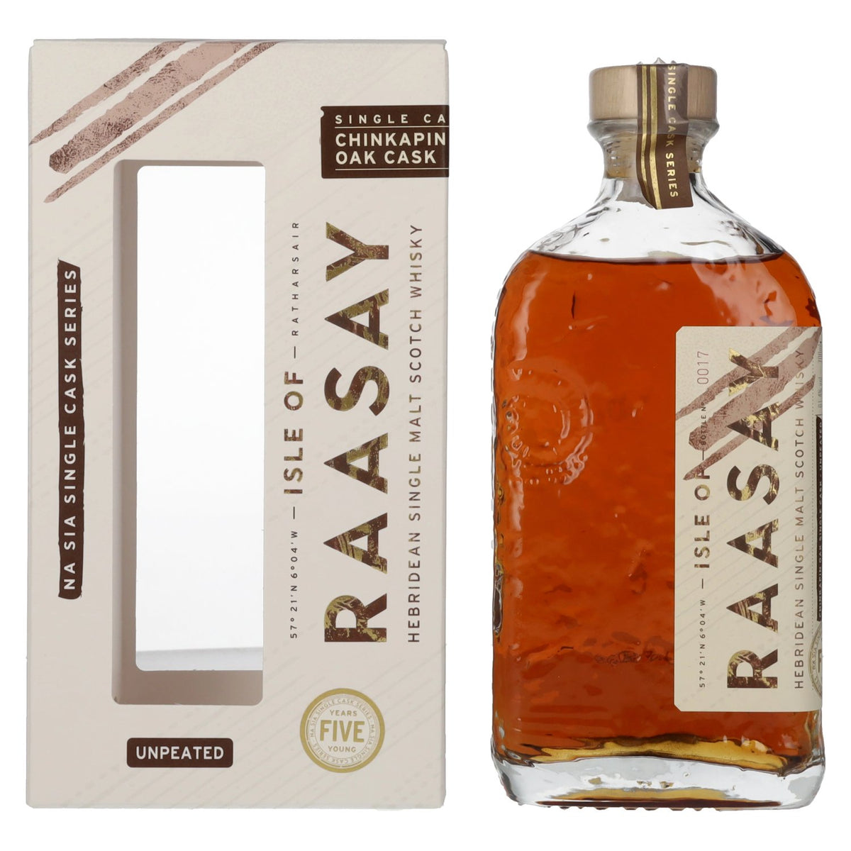 Isle of Raasay 5 ans d'âge, Single Malt vieilli en fûts de chêne chinkapin, 61,4 % vol., 0,7 l, dans un coffret cadeau