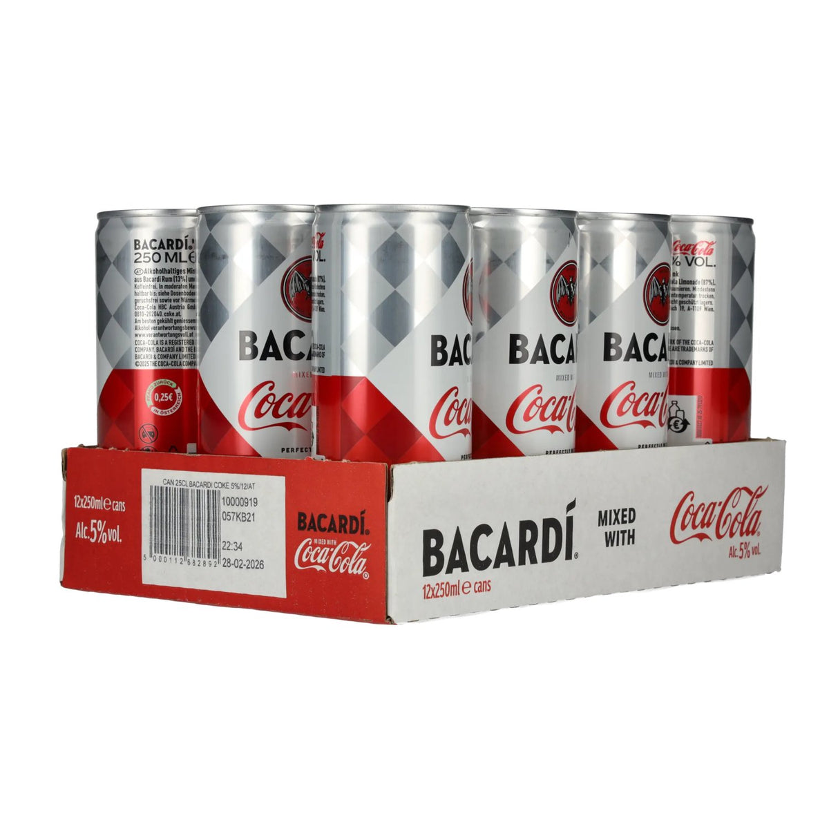 Bacardi Rum &amp; Coca Cola 5% ABV, 12 x 0.25l tins, deposit