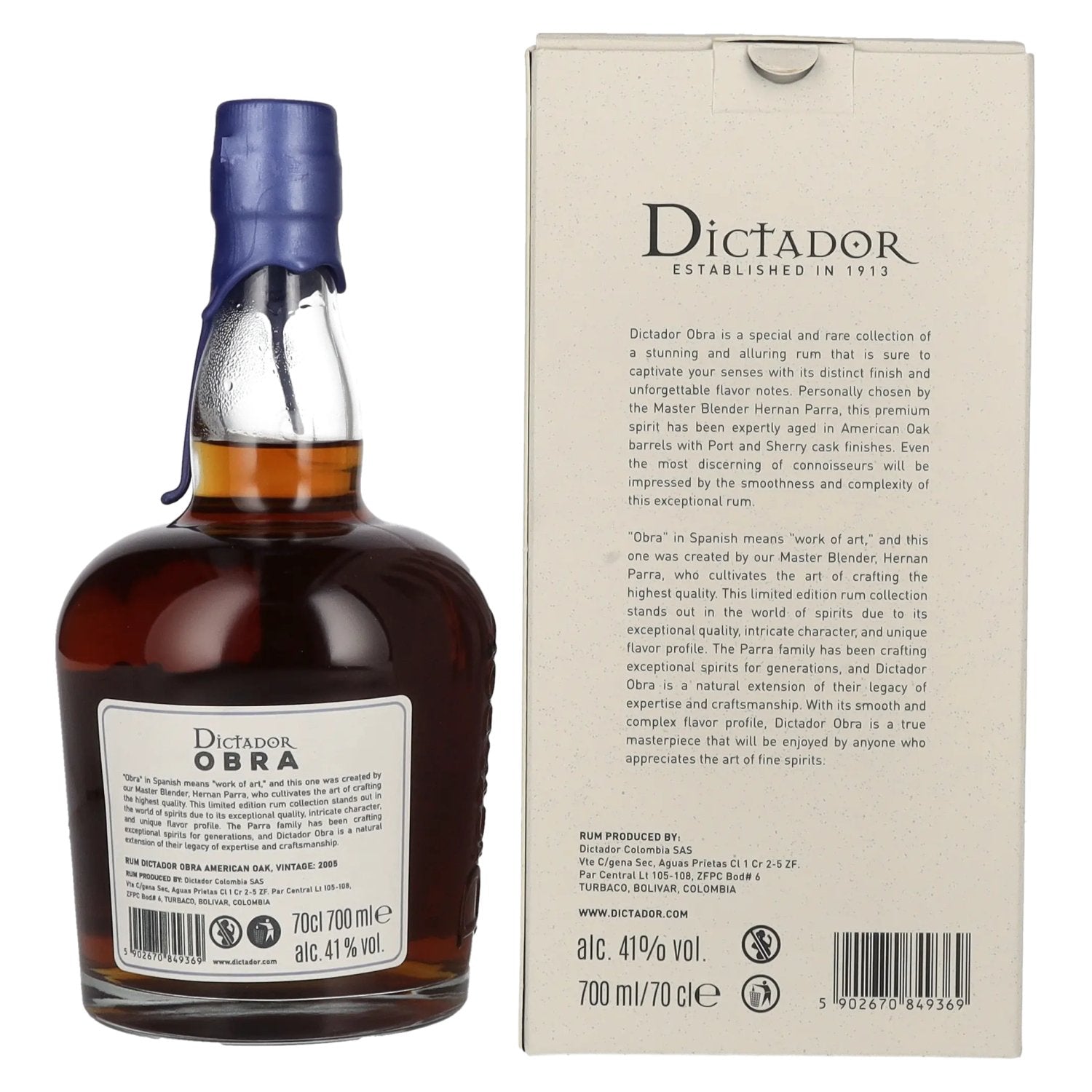 Dictador OBRA VINTAGE 18 Years Old AMERICAN OAK CASK Rum 2005 41% Vol. 0,7l in gift box