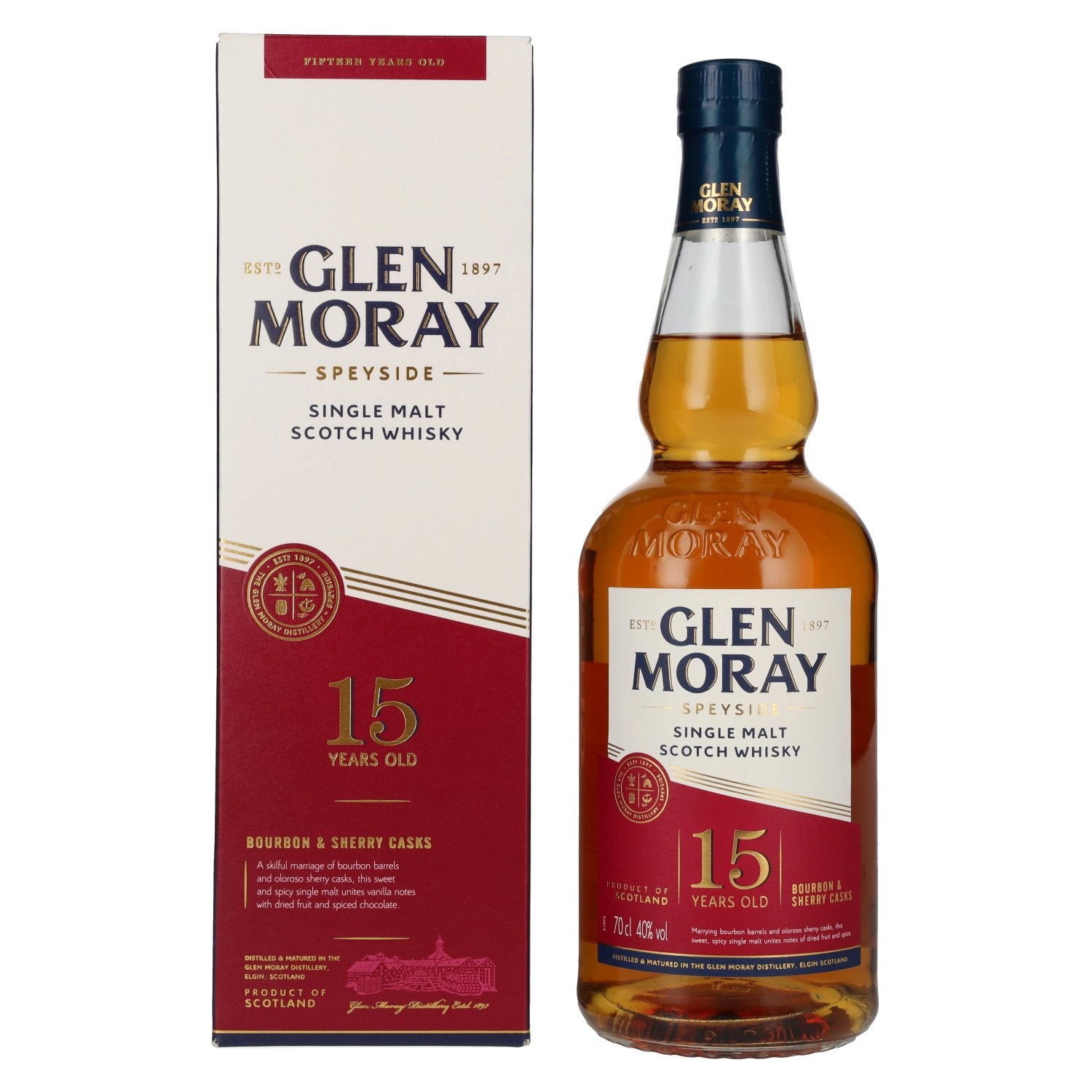 Glen Moray 15 Years Old Bourbon &amp; Sherry Cask Speyside Single Malt 40% vol. 0,7 l in geschenkverpakking