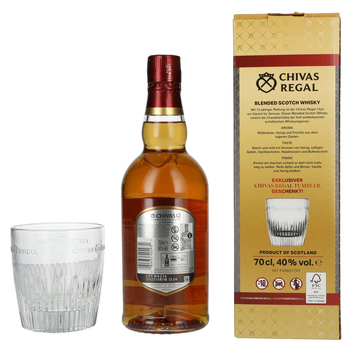 Chivas Regal 12 Years Old Blended Scotch Whisky 40% vol. 0.7 l with a tumbler glass
