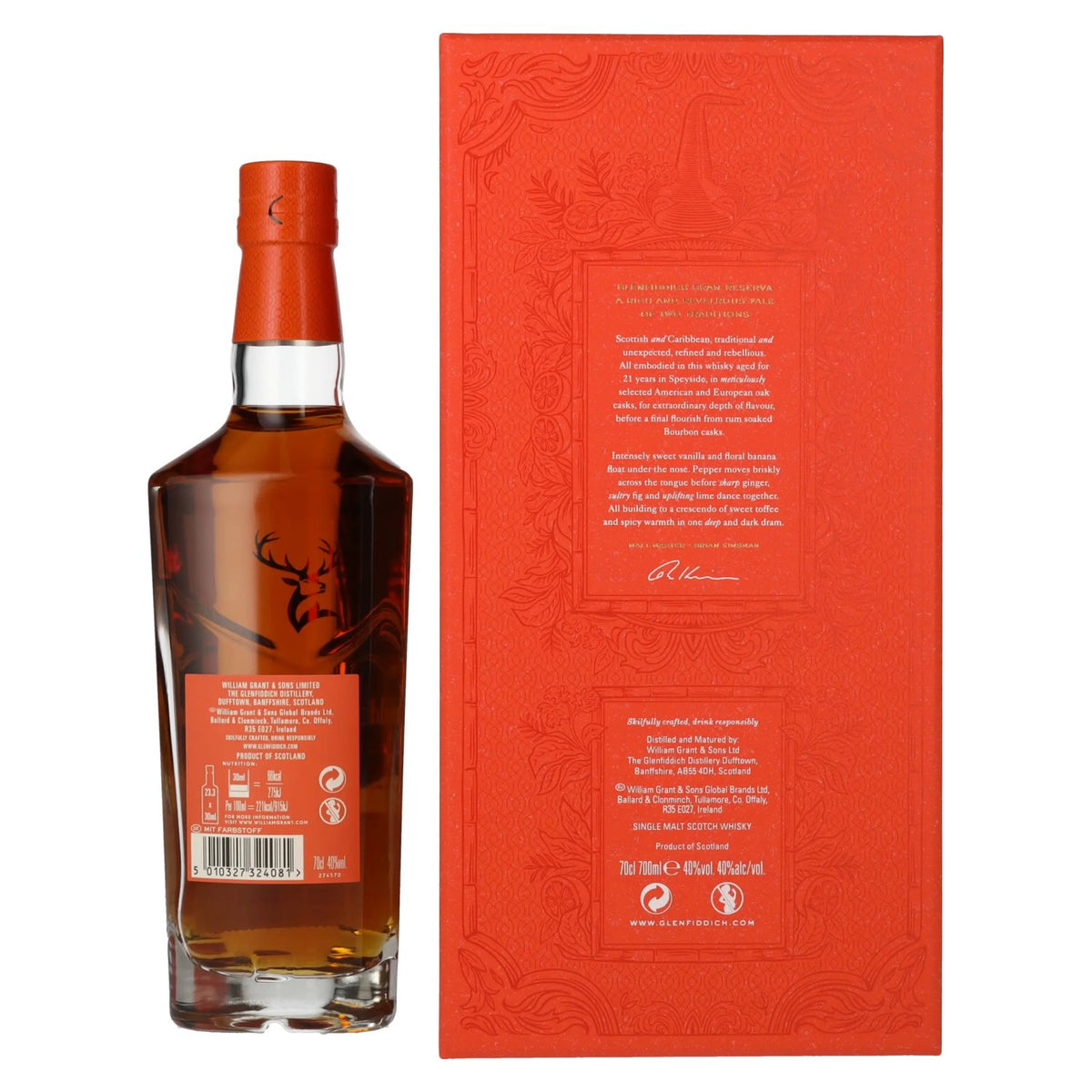 Glenfiddich 21 ans d'âge GRAN RESERVA, finition en fût de rhum, 40 % vol., 0,7 l, dans un coffret cadeau