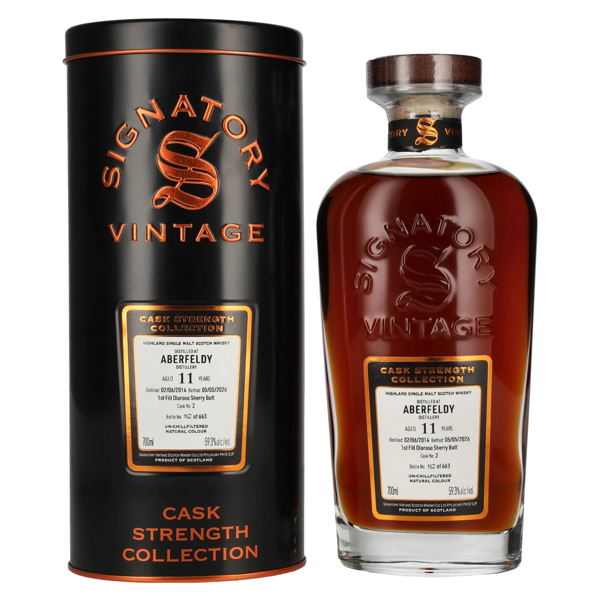 Signatory Vintage Aberfeldy 11 ans d'âge, premier remplissage, fût d'Oloroso, brut de fût n° 2, 2014, 59,3 % vol., 0,7 l, dans une boîte en fer-blanc
