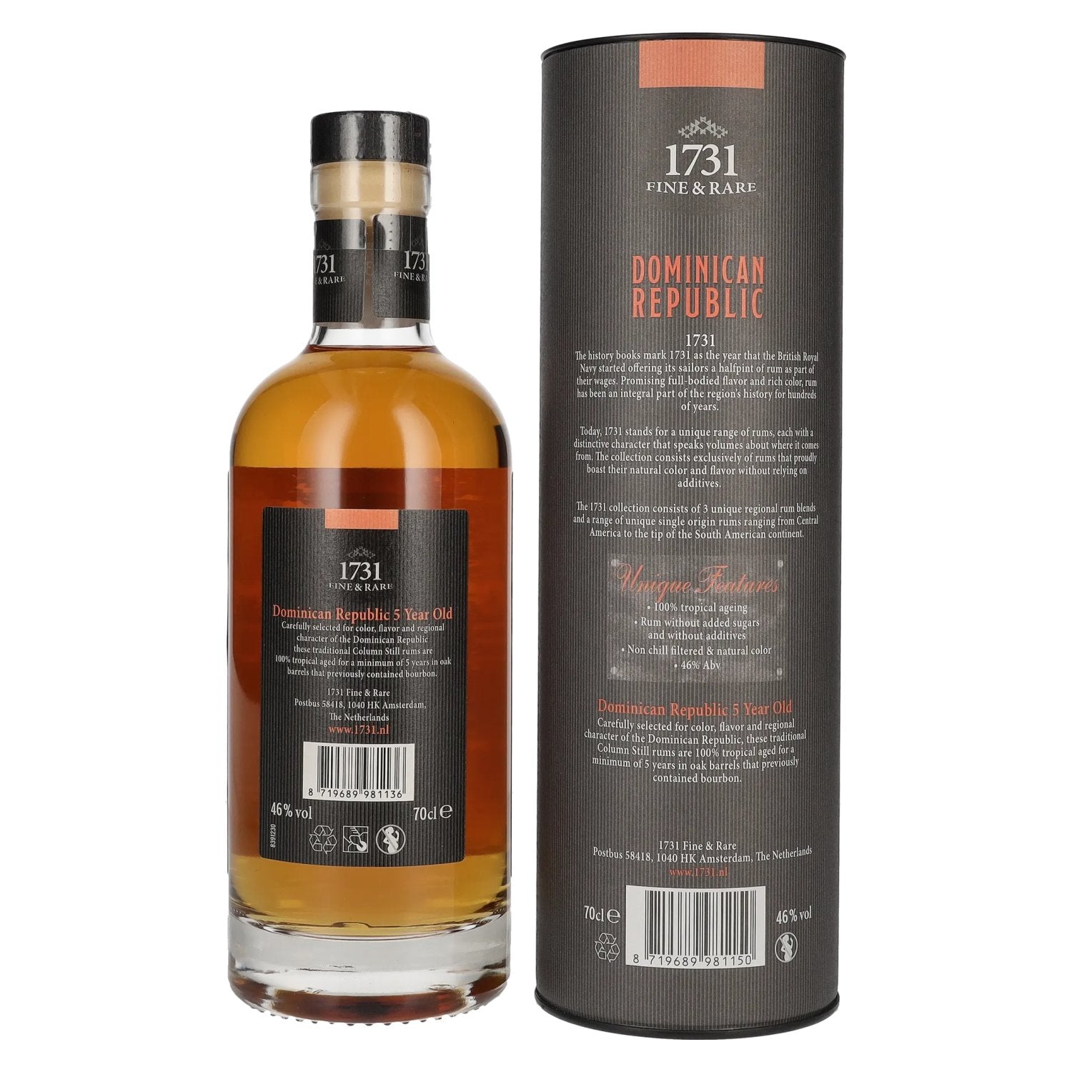 1731 Fine &amp; Rare DOMINICAN REPUBLIC 5 Years Old Single Origin Rum 46% Vol. 0,7l en boîte cadeau
