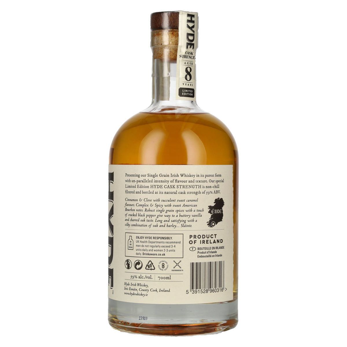 Hyde 8 ans d'âge, whisky irlandais single grain « CASK STRENGTH », édition limitée, 59 % vol., 0,7 l