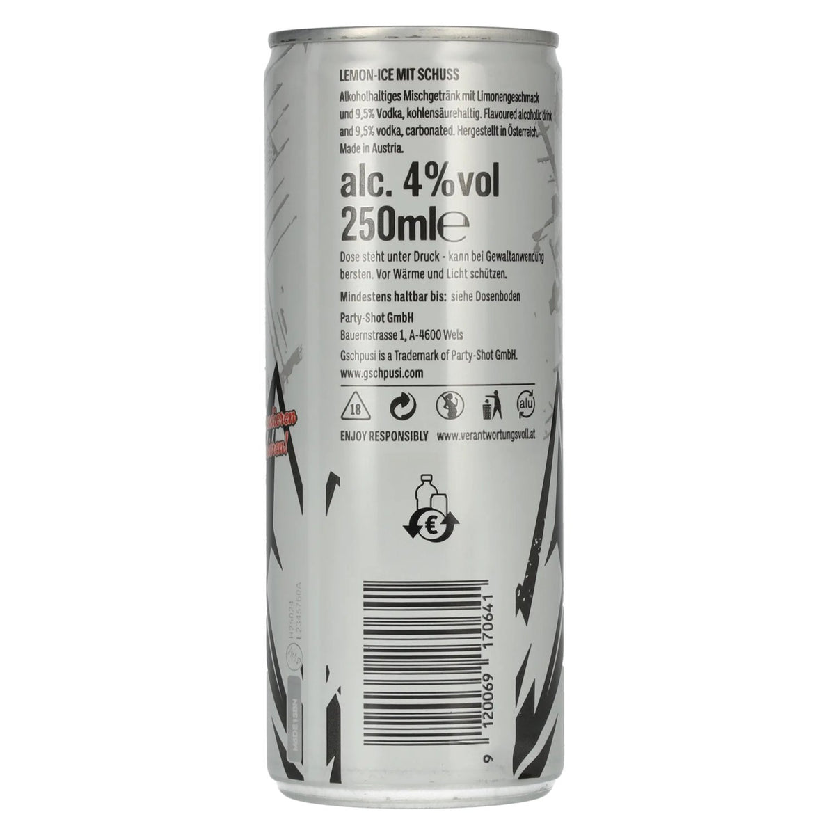 Gschpusi Lemon-Ice avec un trait d'alcool 4 % vol., canette de 0,25 l, consigne