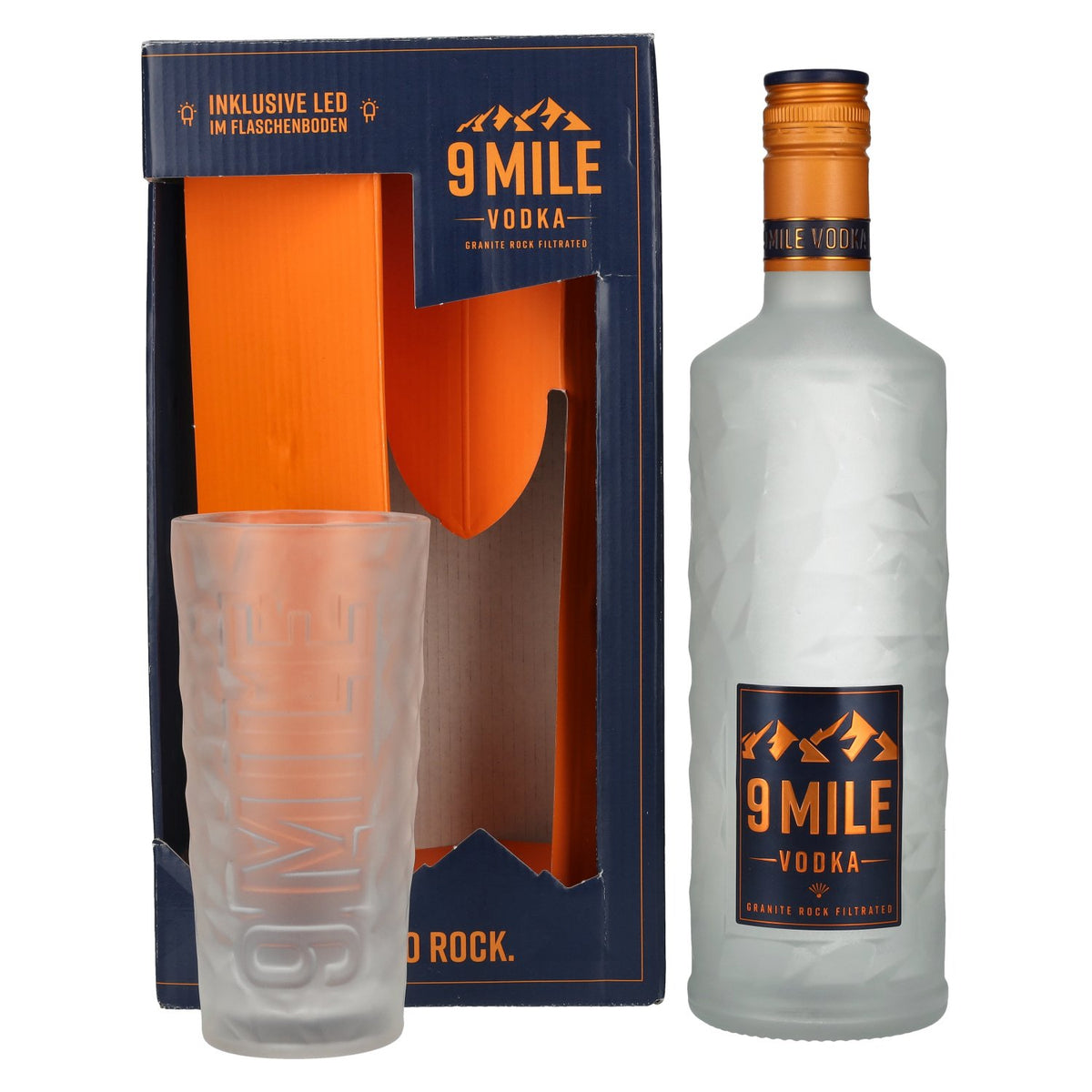 9 Mile Vodka 37.5% ABV, 0.7 litres, in a gift box with a glass