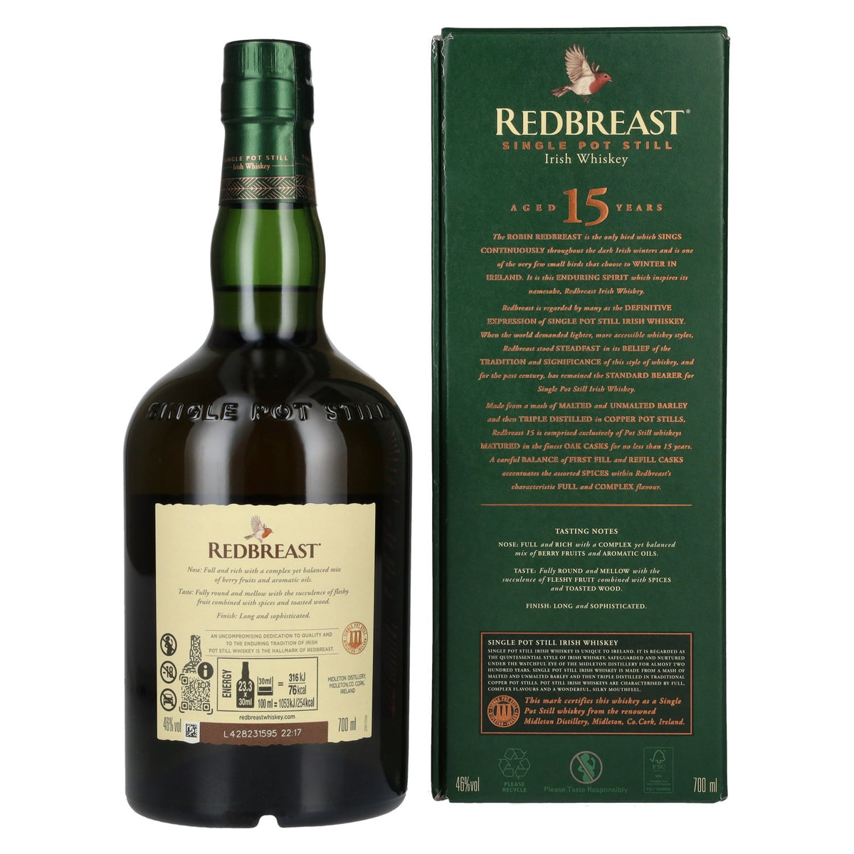 Redbreast 15 Years Old Single Pot Still Irish Whiskey 46% vol. 0,7 l in geschenkverpakking