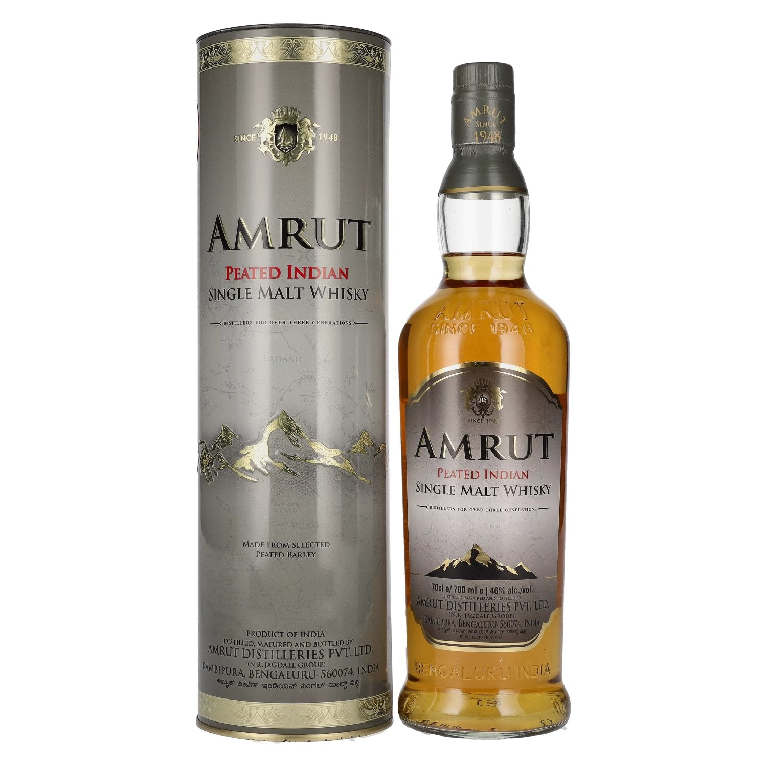 Amrut PEATED Indiase Single Malt Whisky 46% Vol. 0,7l in Blik