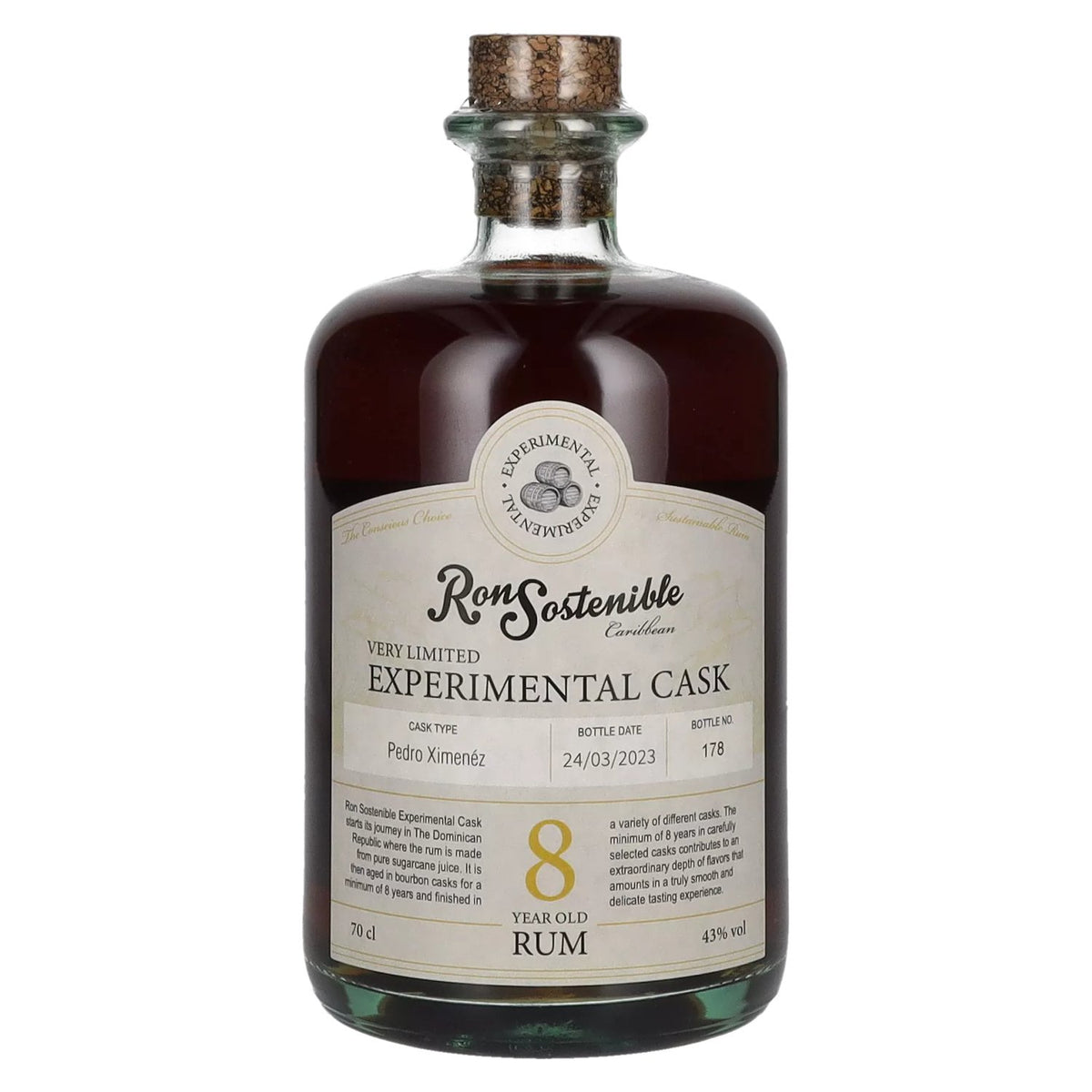 Ron Sostenible 8 ans d'âge, vieillissement expérimental en fût de Pedro Ximénez, 43 % vol., 0,7 l