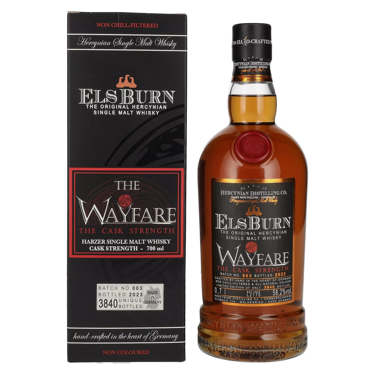 Elsburn WAYFARE The Cask Strength, lot n° 003, 2023, 58,2 % vol., 0,7 l, dans un coffret cadeau