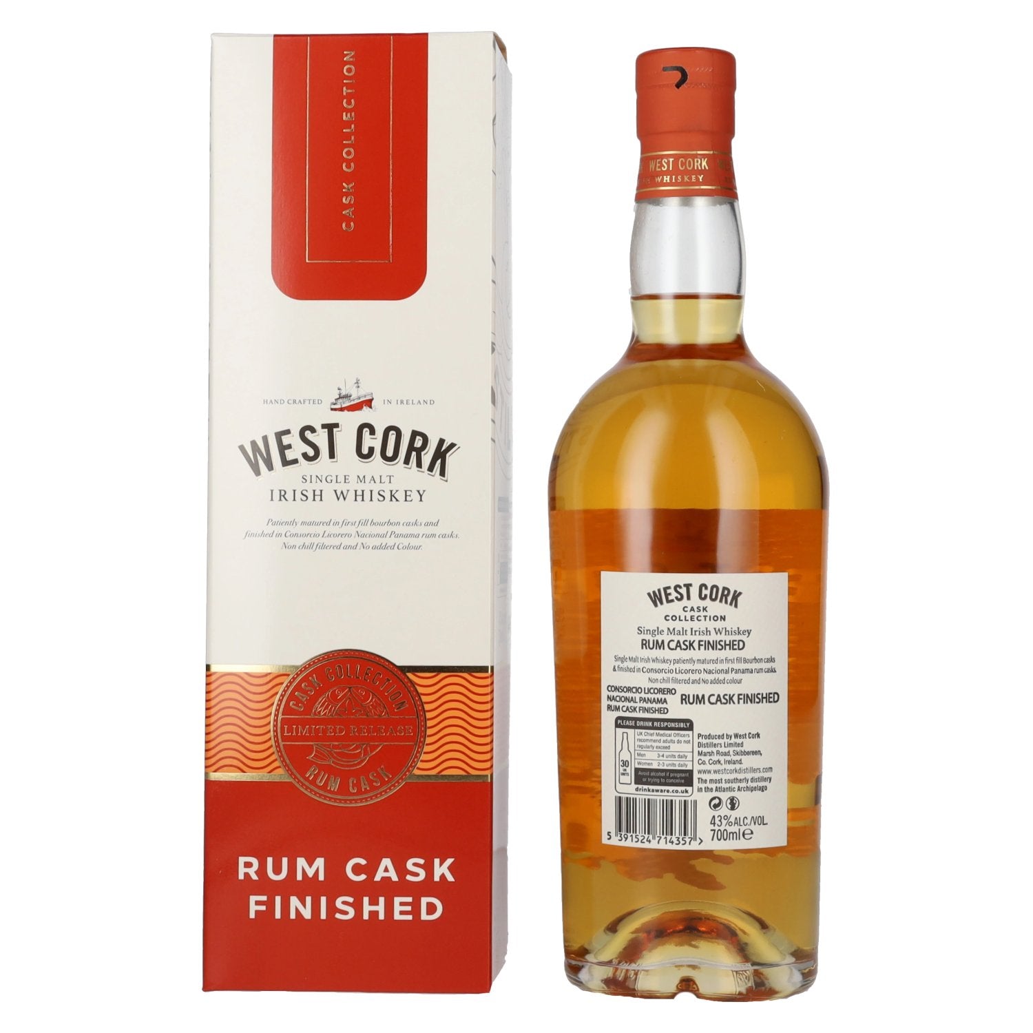 West Cork Irish Whiskey Rum Cask Finished 43% Vol. 0,7l en coffret cadeau