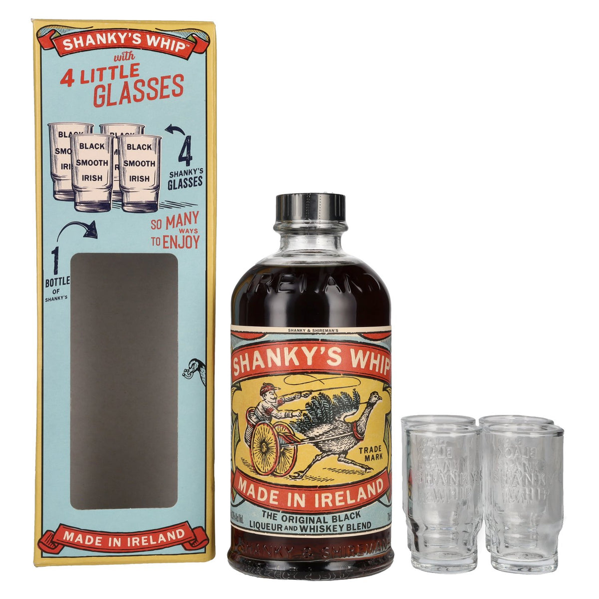 Shanky's Whip The Original Black Liqueur and Whiskey Blend 33% Vol. 0,7l in Geschenkbox mit 4 Shot Gläsern